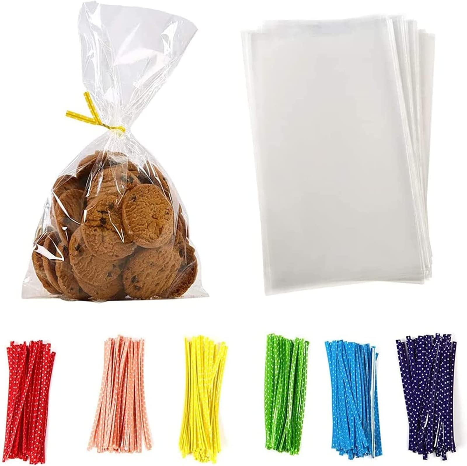 100 Pcs 6 in x 8 in Clear Flat Cello Cellophane Treat Bags Good for Bakery,Popcorn,Cookies, Candies,Dessert 1.2mil.Give Metallic Twist Ties!