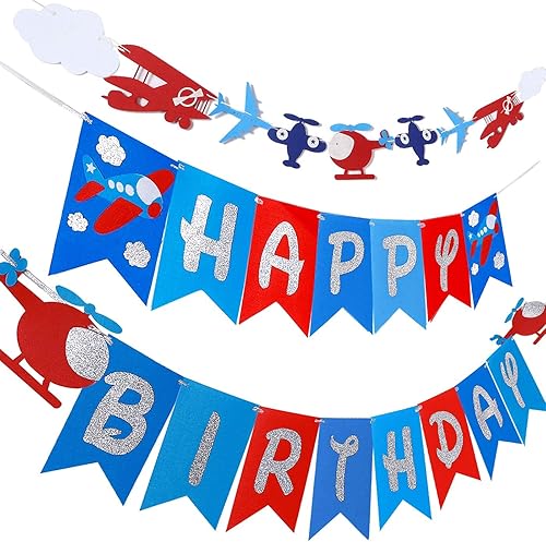 Cartel de cumpleaños de avión y decoración de guirnalda para aviador, aviación, fiesta temática de cumpleaños, pancarta de fieltro con purpurina y