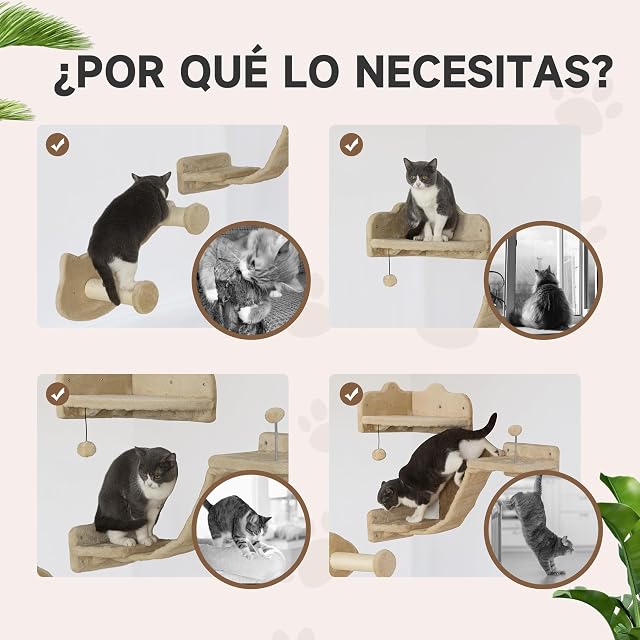 Foto 5 de 8 de PawHut Juego de Estanterías para Gatos de 4 Piezas de Pared Beige
