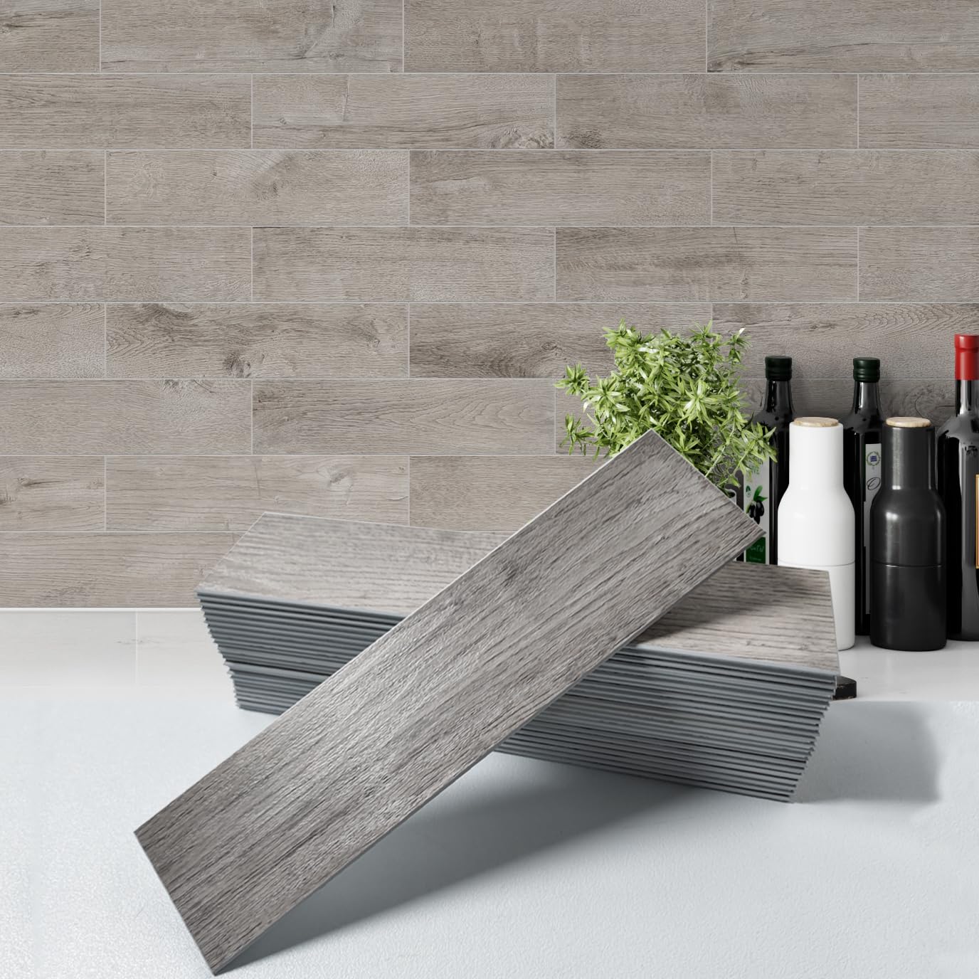 W&S 24 PCS Dust Gray Peel and Stick Backsplash, Stick on Wood Look Tile for RV,Living Room,Accent Wall,Faux Wood Paneling for Kitchen Backsplash,Self Adhesive Wall Planks