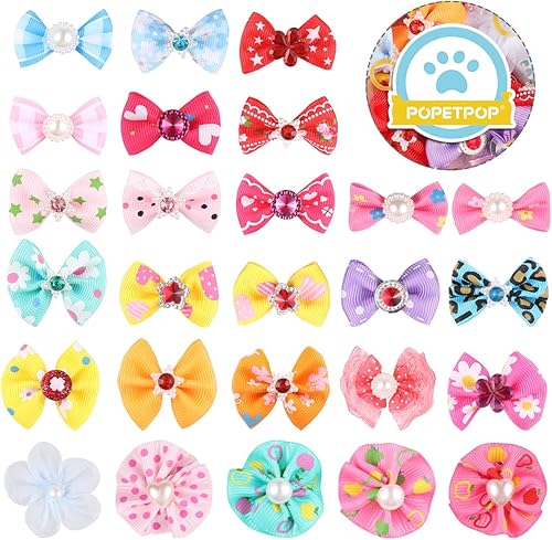 Miniatura 5 de 50 lazos para perros con bandas de goma, lazos para el pelo de mascotas, gatos, perros, cuentas de diamantes de imitación multicolor, lazos para