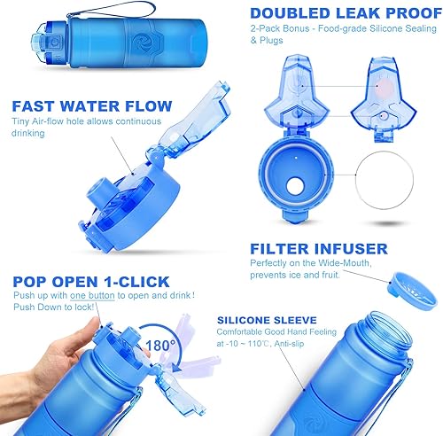 Miniatura 3 de Botella de agua deportiva Zorri, 13.5, 17, 23.6 onzas, sin BPA, a prueba de fugas, ligera, para exteriores, campamento, ciclismo, fitness, gimnasio,
