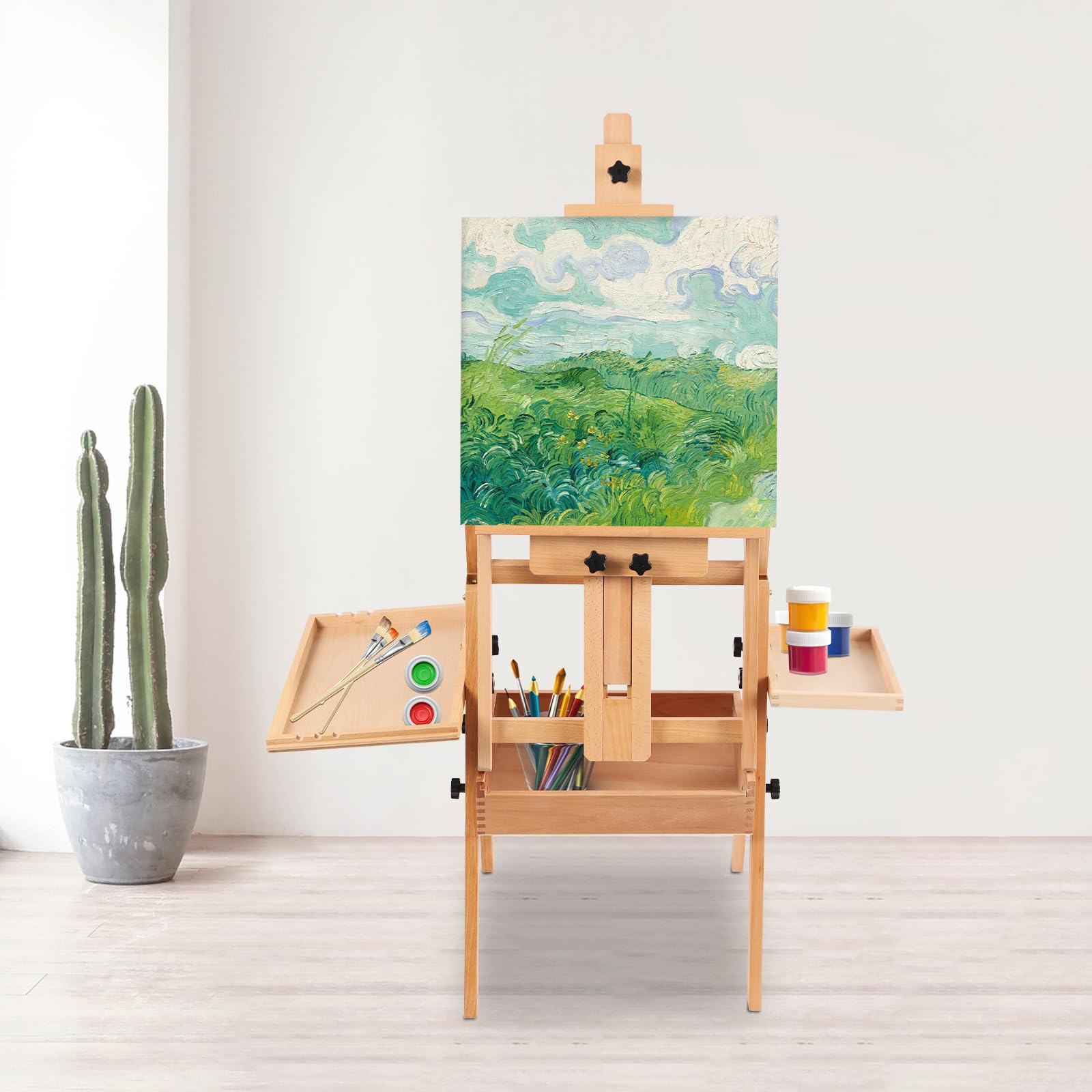 Verstellbarer Malständer, Staffelei aus Holz mit Ablagefach, Atelierstaffelei für Kinder & Erwachsene Kunstunterricht, 44×91×122-207cm (Log Farbe)