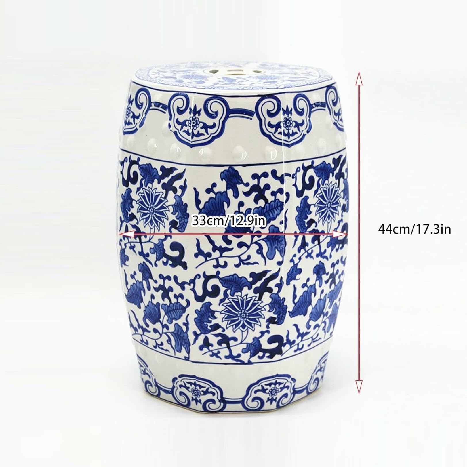 Dekorativer Keramik-Gartenhocker – glasierter, hohler Trommel-Beistelltisch aus blauem und weißem Porzellan für den Außenbereich, chinesischer Keramik-Trommelhocker