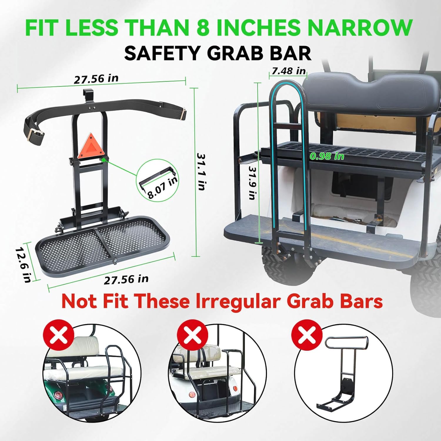 2-in-1 Foldable Metal Steel Golf Cart Rear Seat Bag Holder, Upgraded Stepboard Rack Attachment for EZGO Club Car Yamaha, Fits Normal 8'' Wide & 24.2" Widening Safety Grip Bar, No-Drill