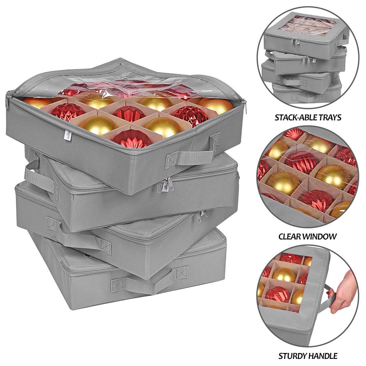 ProPik Aufbewahrungsboxen für Weihnachtsdekoration mit Trennwänden, transparenter Oberseite, hält 64 Weihnachtsdekorationen, langlebige Ornament-Organizer-Aufbewahrungsbox (grau)