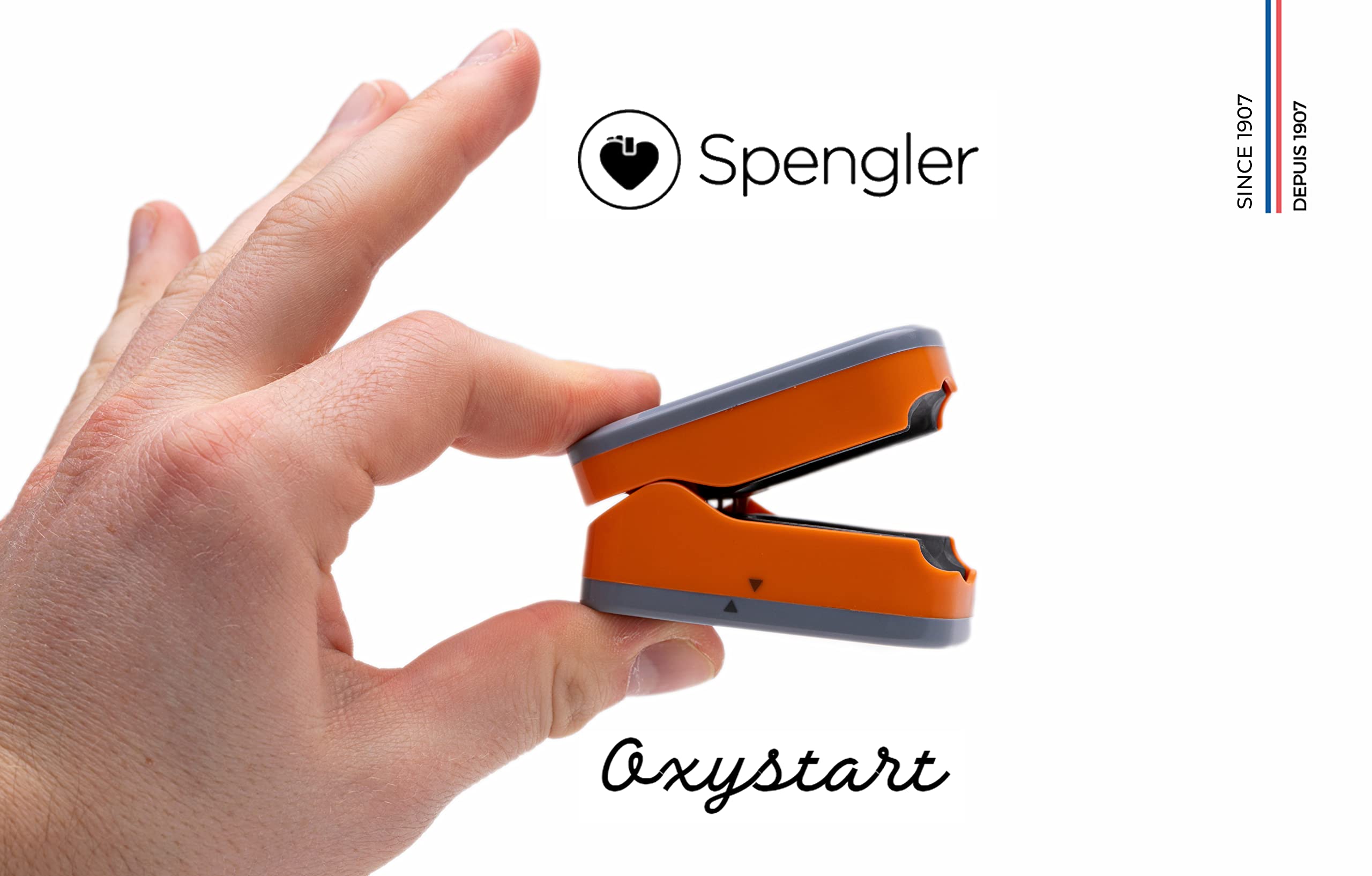 Oxymètre de doigt SPENGLER Oxystart, Oxymètre de Pouls Digital Portable, Facile à Utiliser, Fiable et Précis, Compact et Léger (Orange)