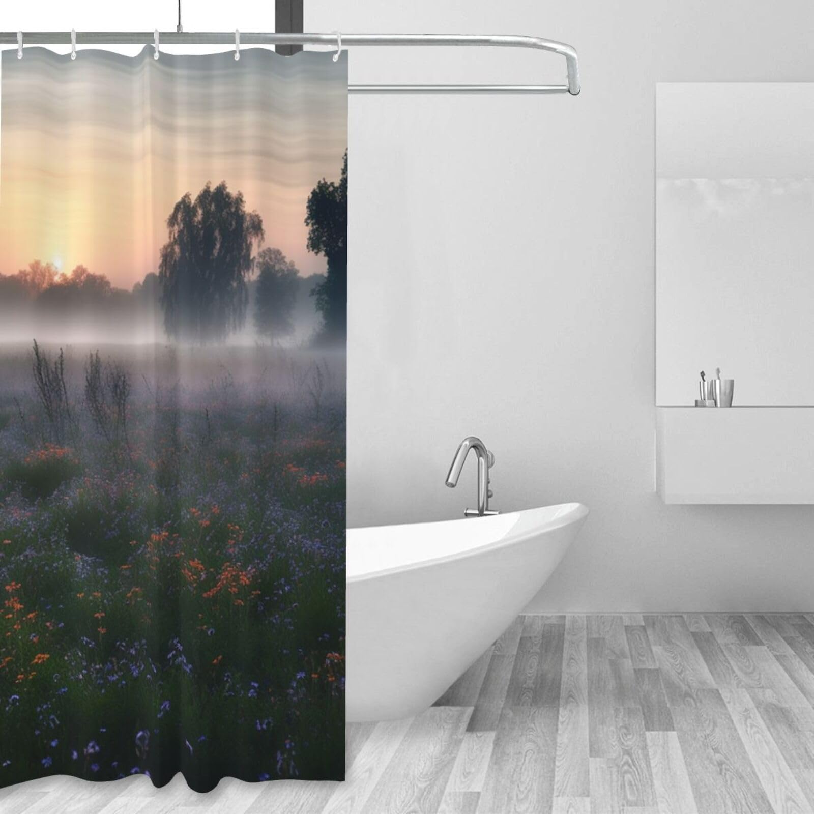 WSOIHFEC Shower Curtain Waterproof Fabric Shower Curtain Set Shower Curtain for Bathroom with 12 Hooks Morning Mist Flowers Field Bathroom Curtain Bathroom Decor Shower Liner for Bathtub Bath 60x72In
