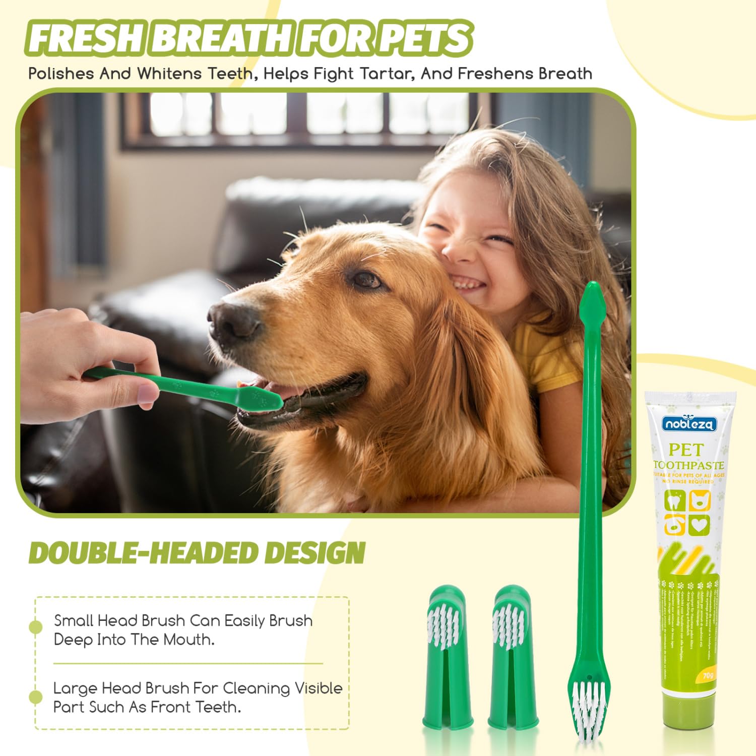 Nobleza 2 Pack Dog Toothbrush and Enzymatic Toothpaste Kit with 2 x Finger Toothbrush for Clean Pet Teeth Eliminate Bad Breath - Image 2