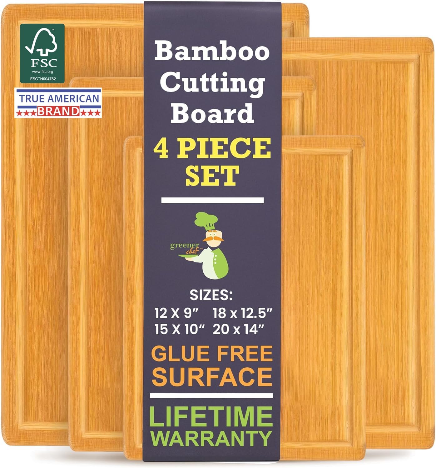 Glue-Free Surface™ Bamboo Cutting Board Set (4) – 20x14, 18x12.5, 15x11, 12x9