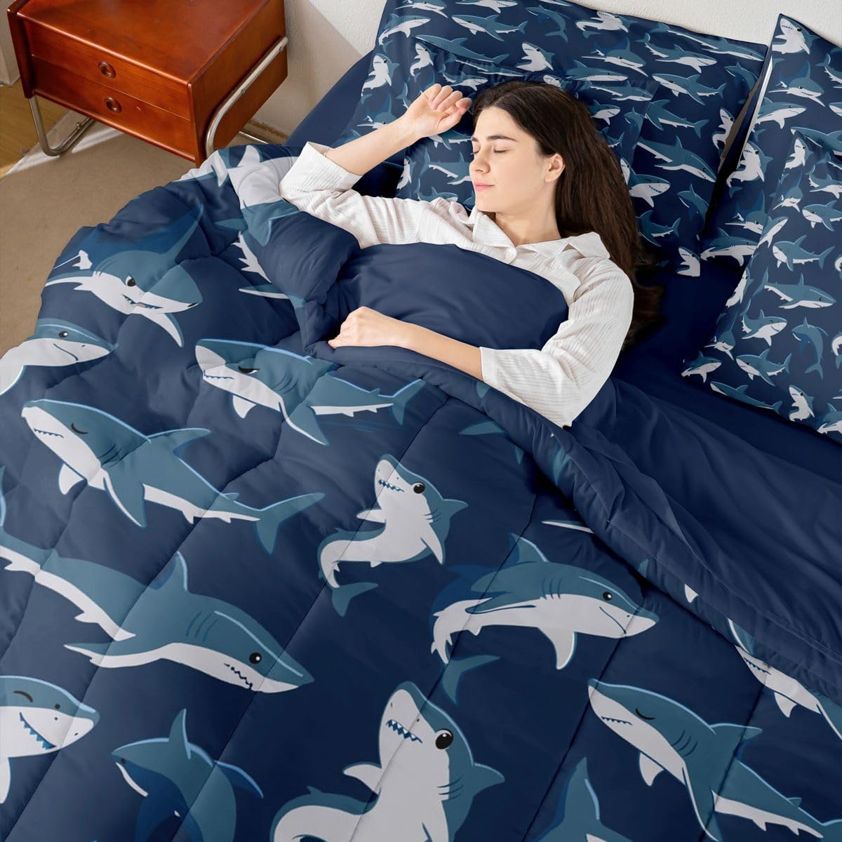 Feelyou Shark Queen Comforter Set with Sheets for Kids Boys Girls Ocean Sea Shark Lover Gifts 7 Pieces Bedding Set Underwater Animal Bed in a Bag Ocean Blue Room Decor Nautical Marine Soft Microfiber