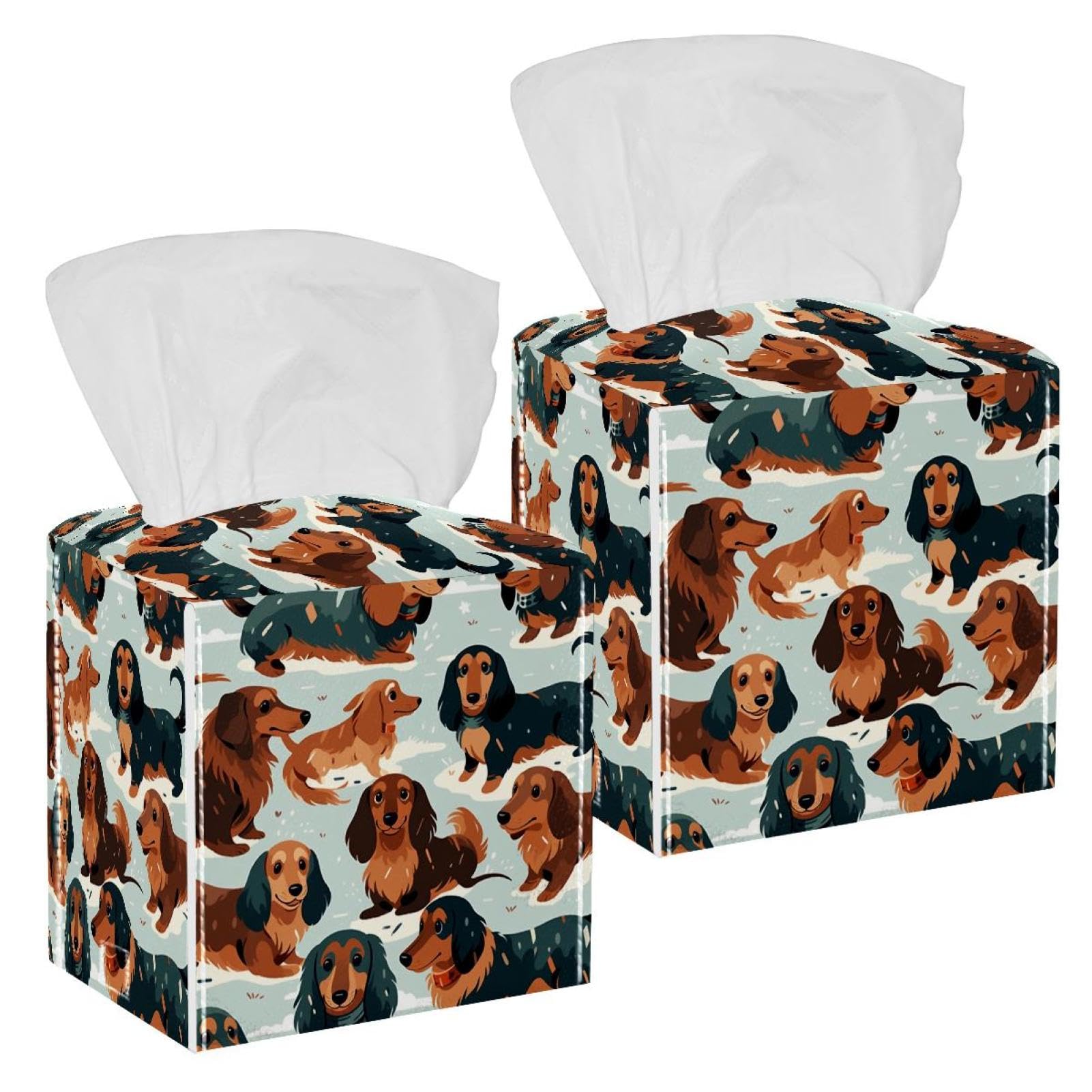Cartoon Dogs Tissue Box Cover, 2 Pack PU Leather Square Facial Tissue Dispenser Box holder for Home Office Car