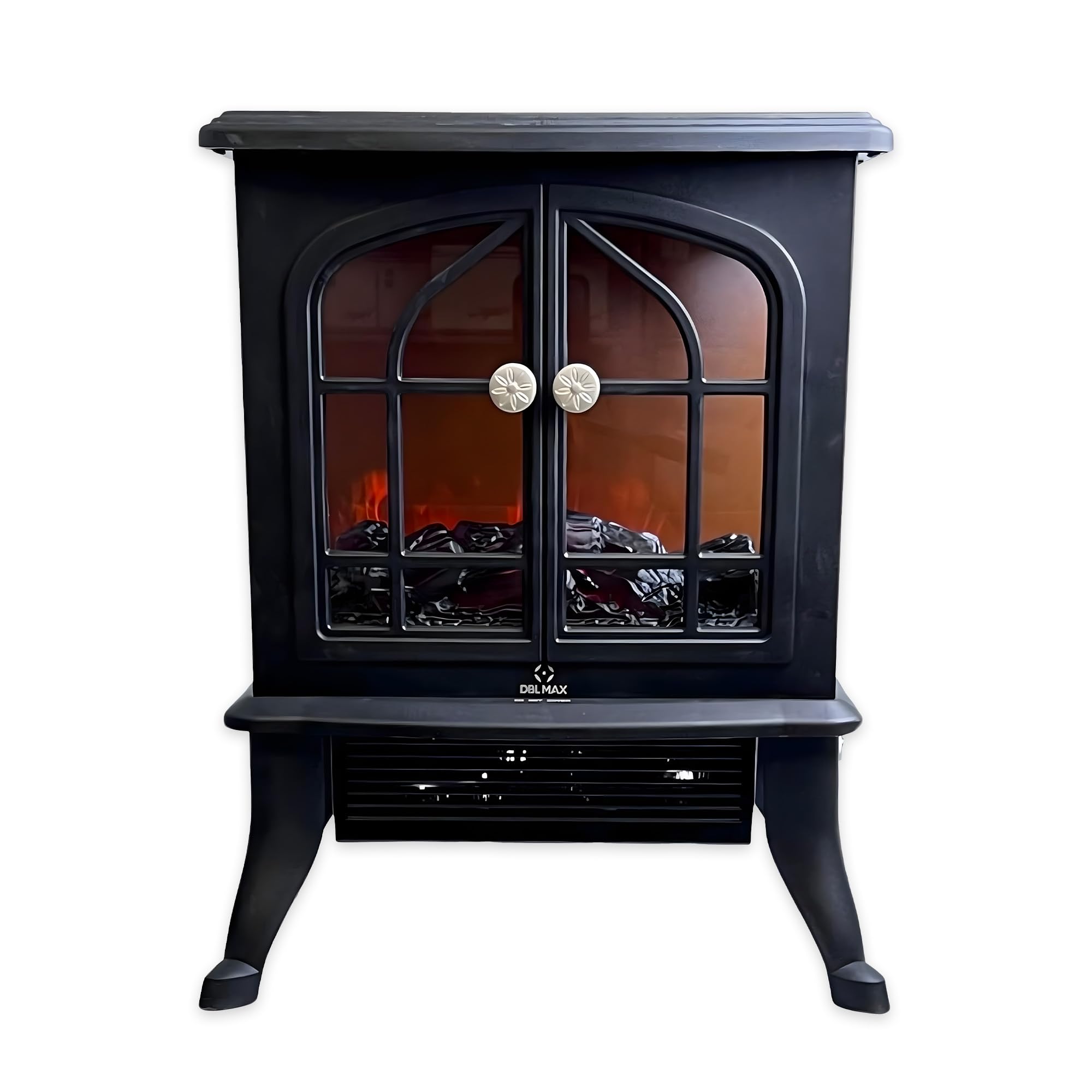 DBL MAX 2000W Electric Fireplace Heater – Log Burning Flame Effect Stove, Freestanding, Realistic 3D Fire, 2 Heat Settings, Thermal Cut-Off Safety, Black Cast Iron Style