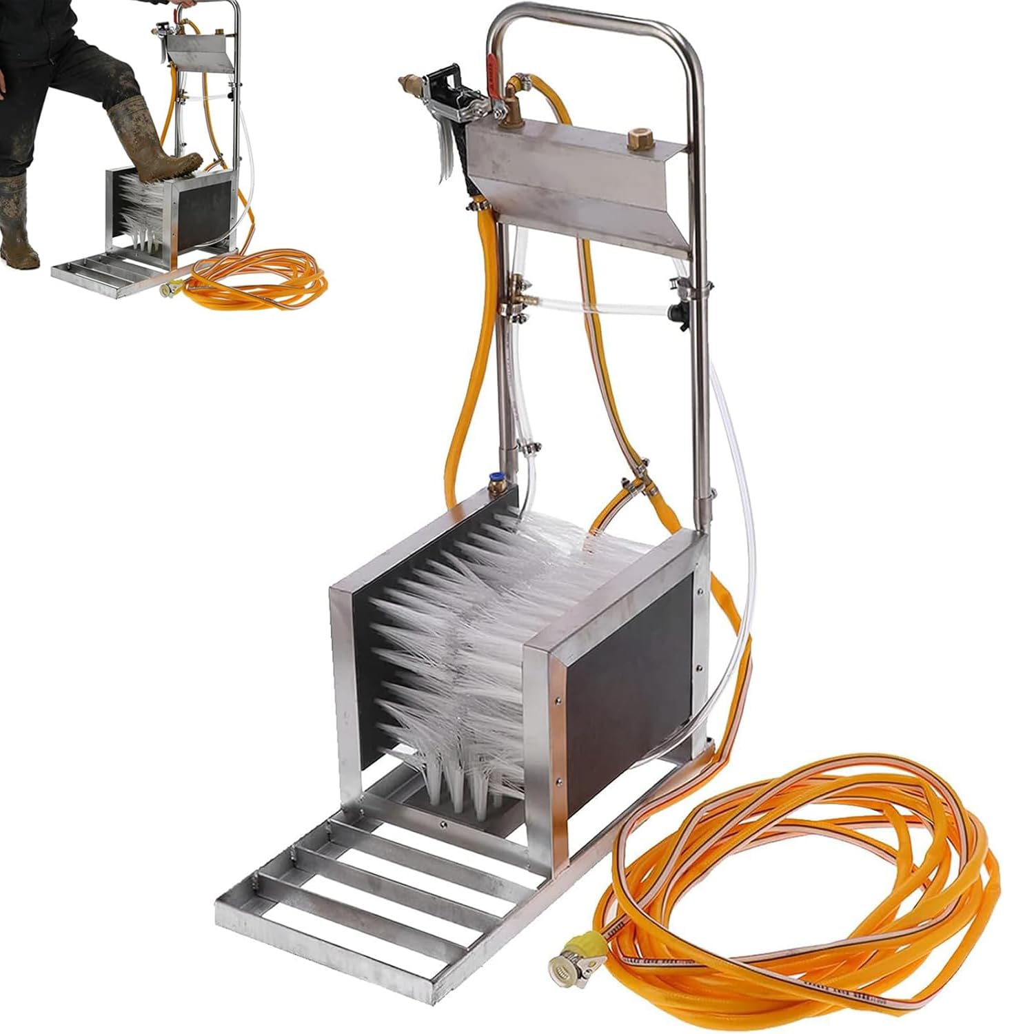 WHOOLEFUN Farm Boot Scrubber Shoe Cleaner, Stainless Steel Rain Shoes Scrubber For Livestock, With Three-sided Nylon Brush & Water Spray Gun, Adjustable Water Inflow, For Ranches, Construction Sites