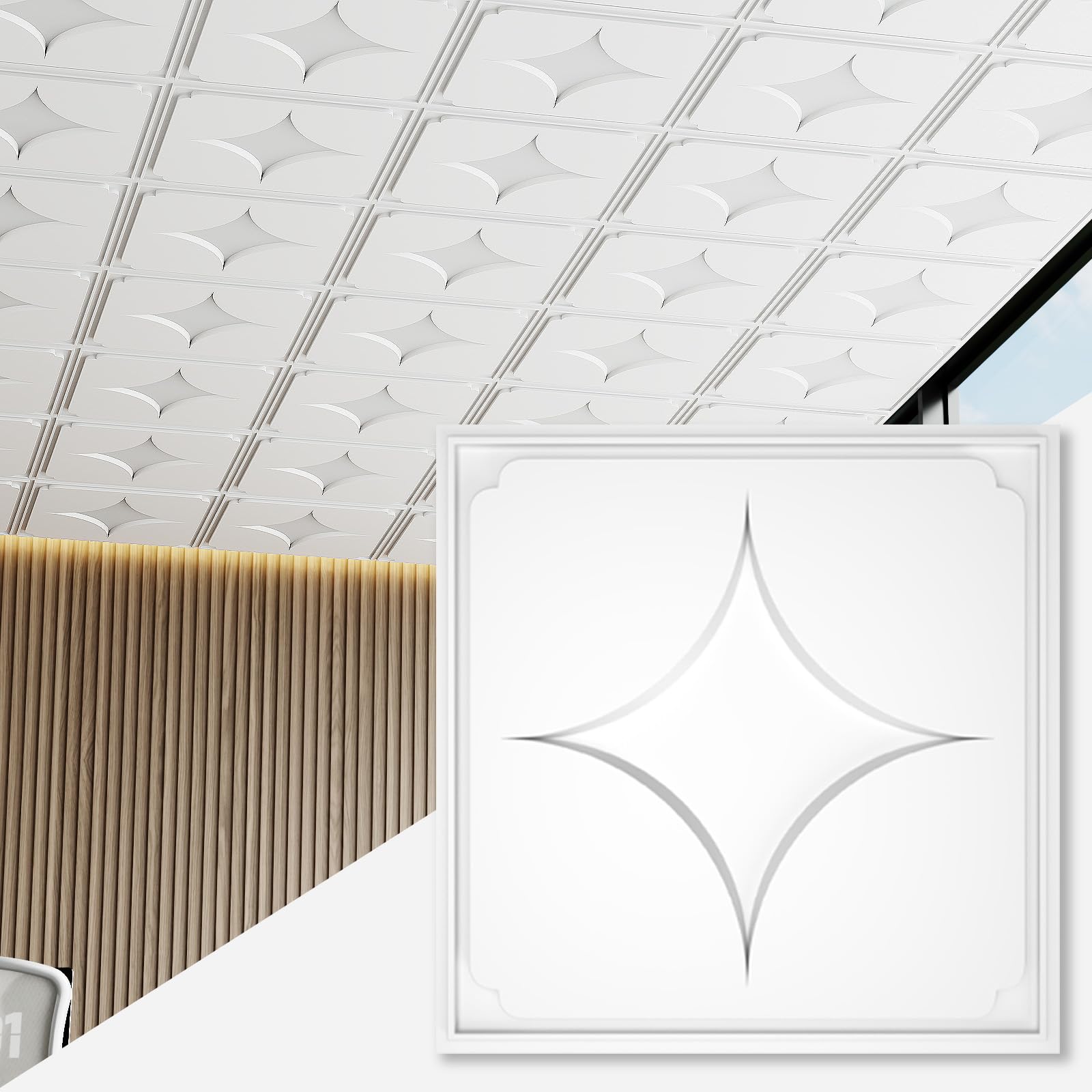 LooYee 24 PCS 2x2 FT Starburst Decorative Ceiling Tiles, 24x24 Inch 3D Modern Minimalist Ceiling Panels, PVC Waterproof Cuttable Material Ideal for Living Room Bedroom Commercial Space Cover 96 Sq.Ft