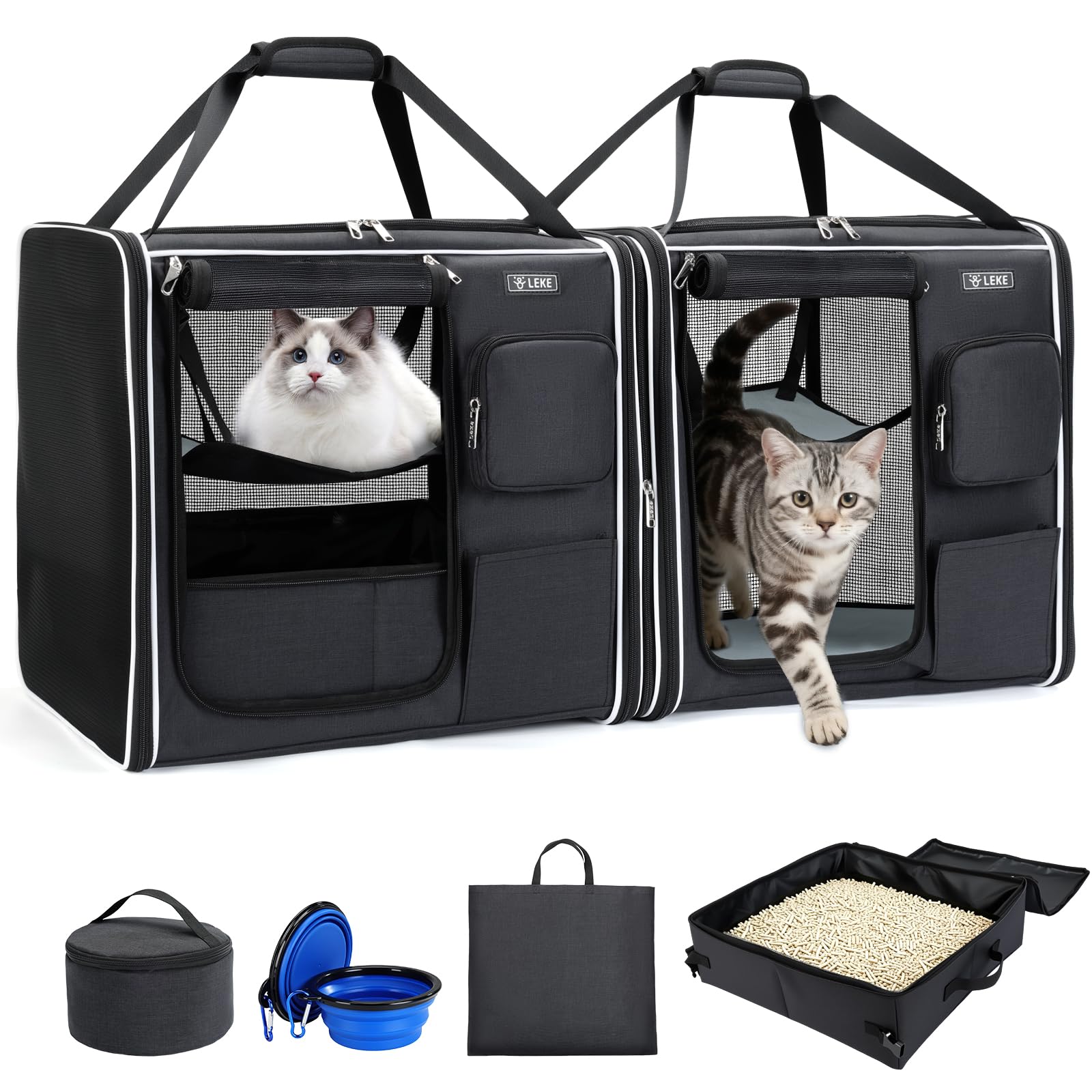 Lekereise Extra Large Cat Carrier Soft Sided, 37" x 18" x 18", Large cat Travel Carrier for 2 Cats with Zipper Locks for Moving Across The Country, Foldable for Storage, Black