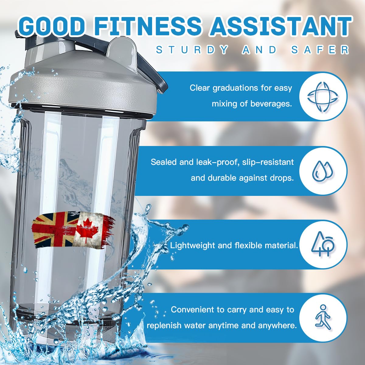 Canadian America Flag 18 Ounce Shaker Cup,Fashion Theme Pattern Shaker Bottle Leak-proof Workout Shake Bottles 500ML/18 oz Perfect for Pre Workout