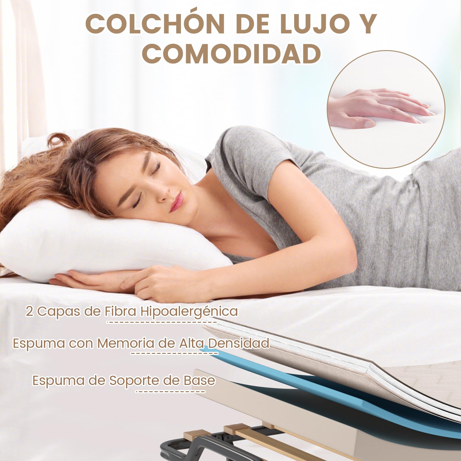 COSTWAY Cama Plegable con Colchón en Memory Foam 80 X 200 cm, Cama Supletoria Plegable con Ruedas para Casa, Acolchado Ondulado con Doble Relleno de Fibra, Ahorra Espacio, (Beige 2)