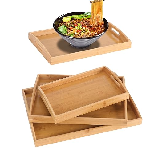 Kinsinder 3pcs Grand Plateaux de Service en Bambou, Plateau Repas Rectangle avec Poignées, Plateau Petit-Déjeuner Service pour Vaisselle, Boissons, Réception de Fête