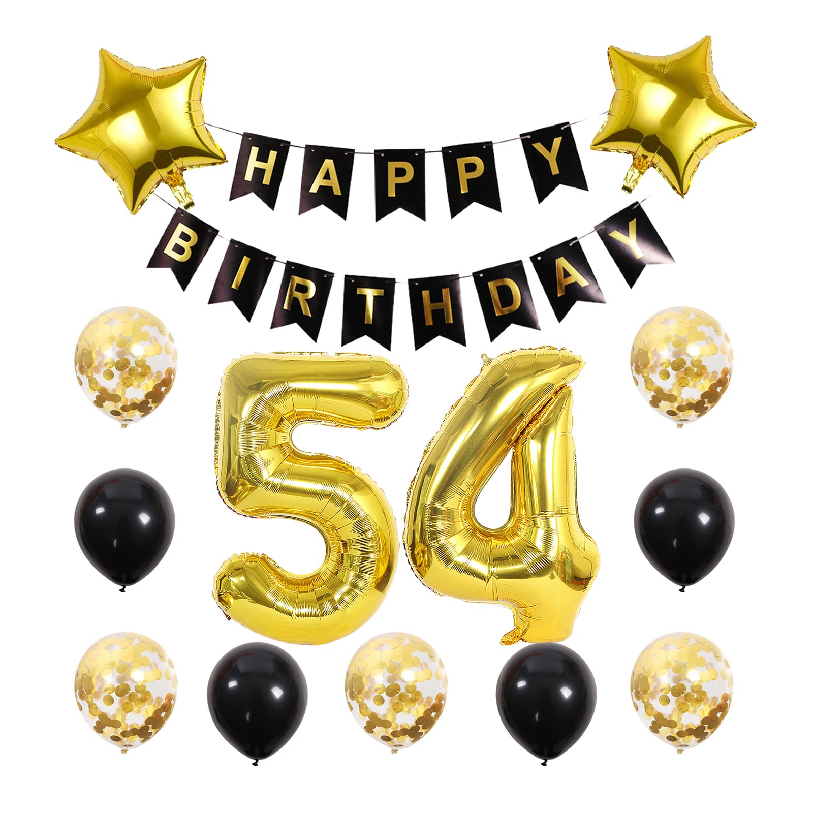 Chaungfu54 Birthday Party Supplies Gold Number 54 Foil Balloon Happy Birthday Banner Kit 54th Birthday Decoration Black Gold Latex Confetti Balloon