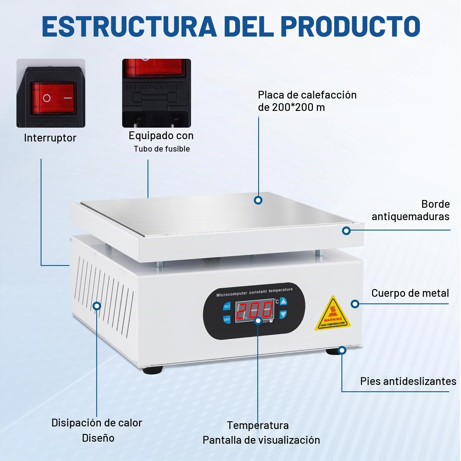 YUCHENGTECH Placa Calefactora Estación de Soldadura 200x200mm Placa Calefactora Electrónica LCD Digital para el Calentamiento de Componentes de Reparación de Pantalla de Teléfono 0-400℃ Ajustable 700W
