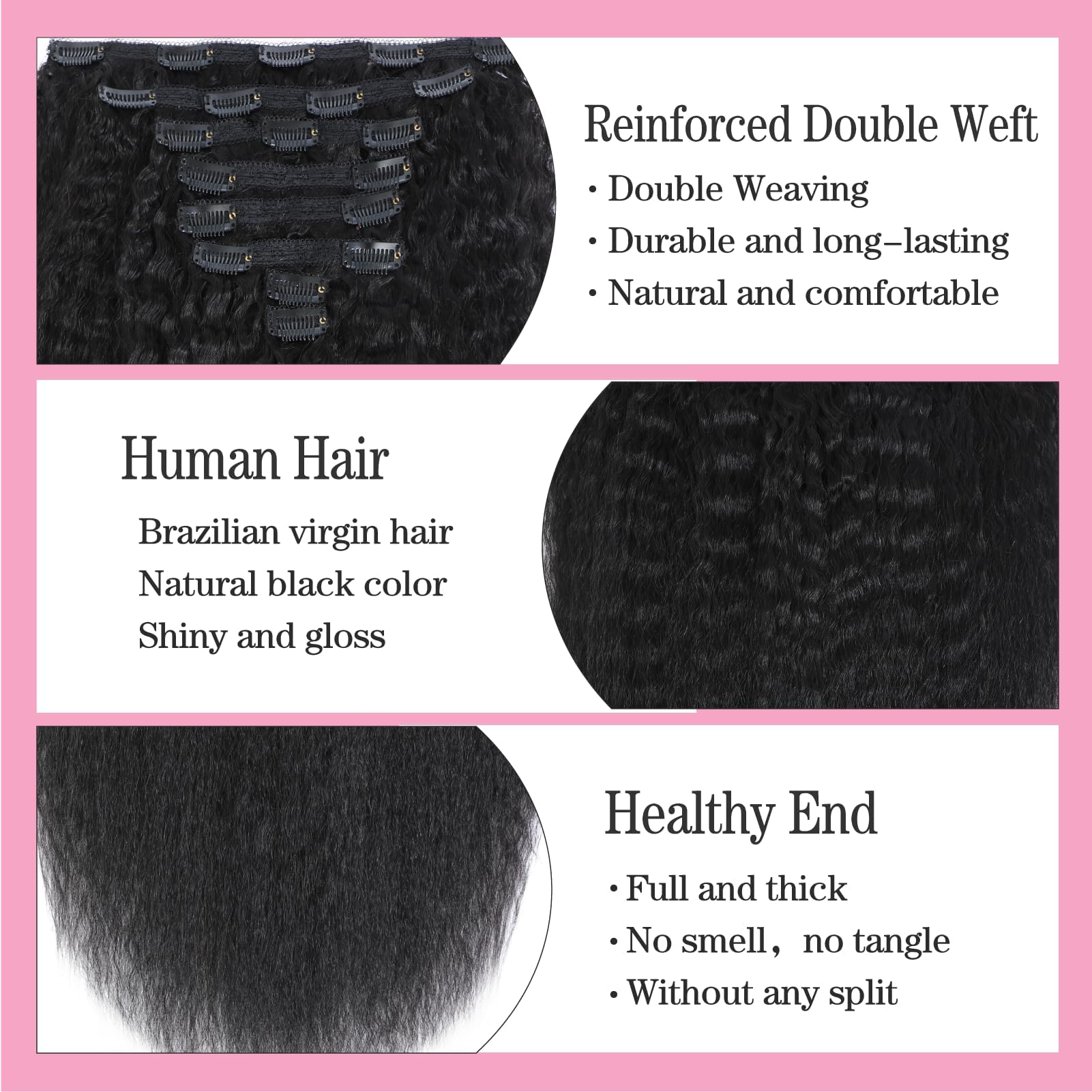 Yacurcur Kinky Straight Clip in Hair Extensions 8pcs 120g/set Full Head for Women Brazilian 10A Human Hair Straight Clip ins Natural Black Color (18 Inch) - Image 4