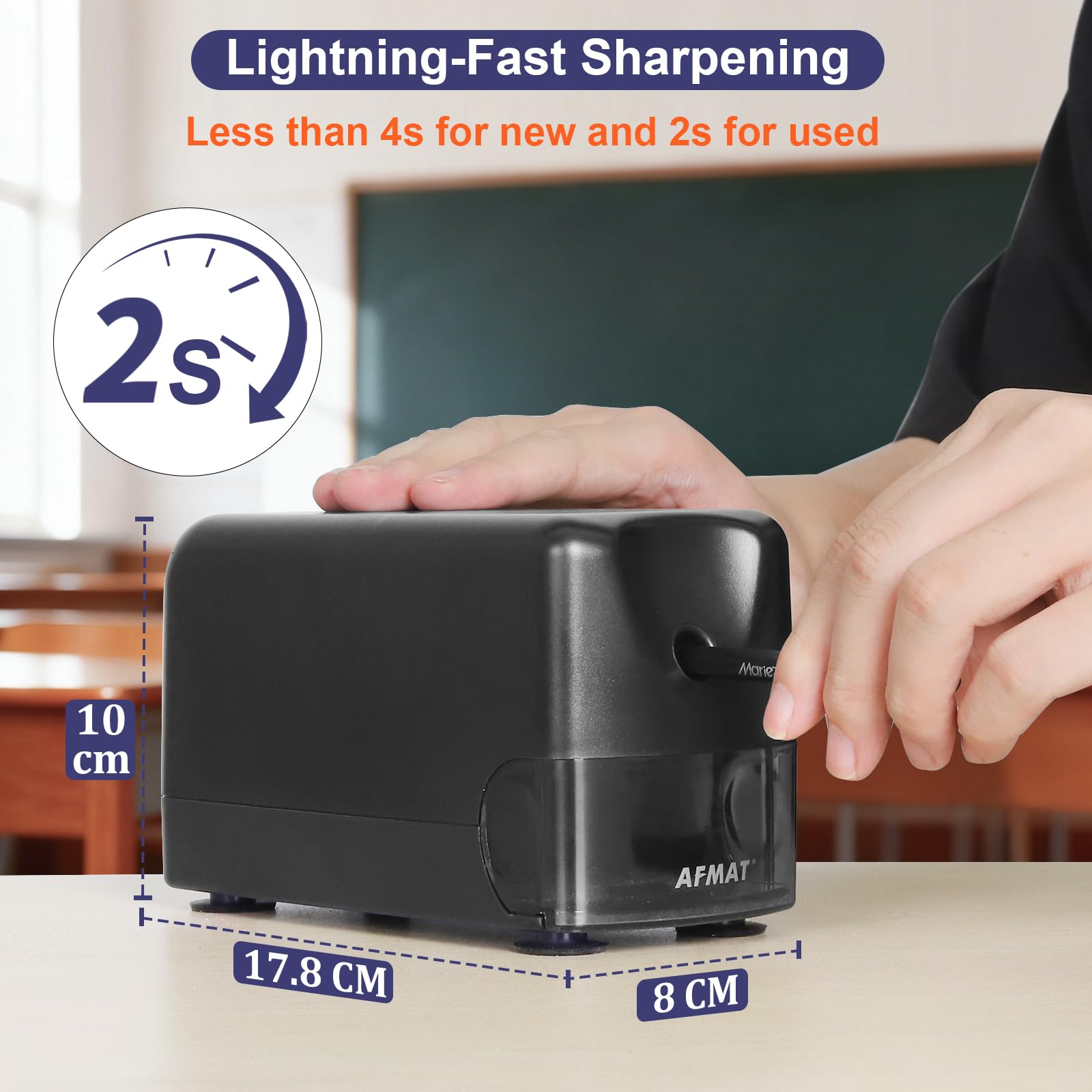 AFMAT Temperamatite elettrico ad alte prestazioni, auto-stop ricaricabile con contenitore per penne da 6 a 11 mm, punta rapida in 2 secondi, 10.000 punte, nero