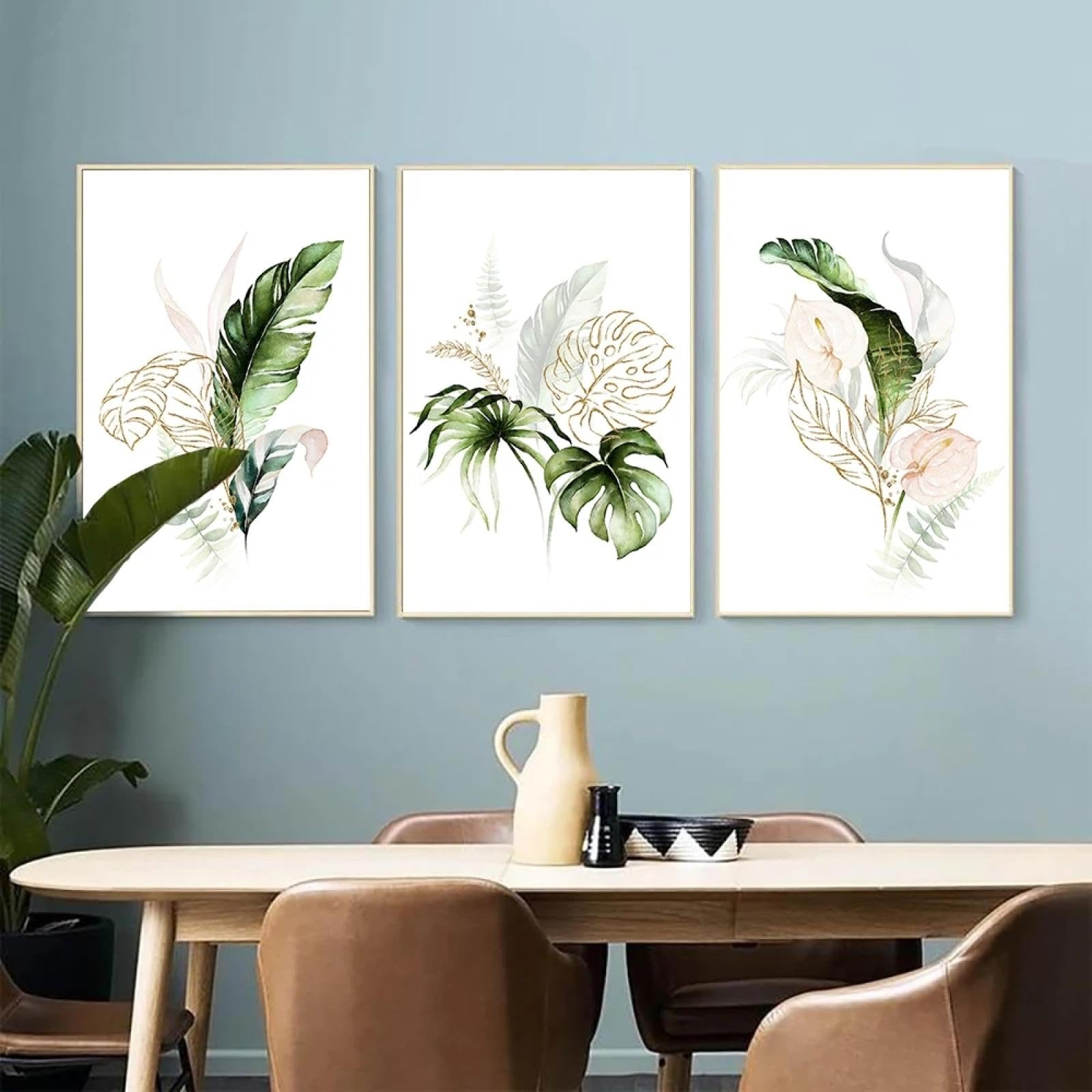 ZHAOLIN Green and Gold Fern Leaf Palm Plants Wall Art Canvas Painting Botanical Posters Print Nordic Pictures for Living Room Decor 50x70cm(20x28in) x3 frameless