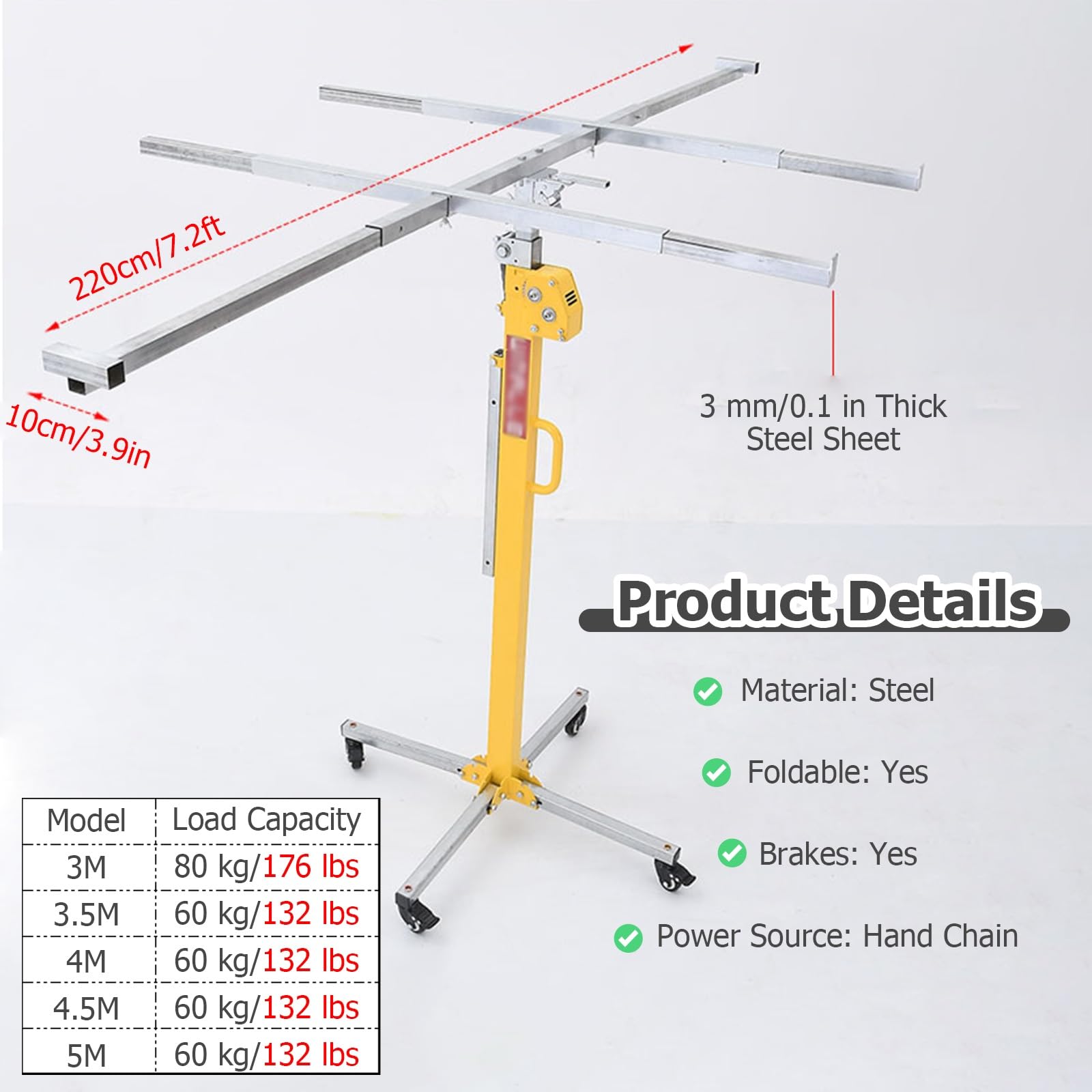Drywall Lifter Panel Hoist Dry Wall Rolling Caster, Movable Drywall Jack Lift for Ceiling 70kg Lifting Capacity, Heavy Duty Panel Rolling Drywall Lift, Mounting Aid(H 4.5 m/14.7 ft+Lockable wheels)