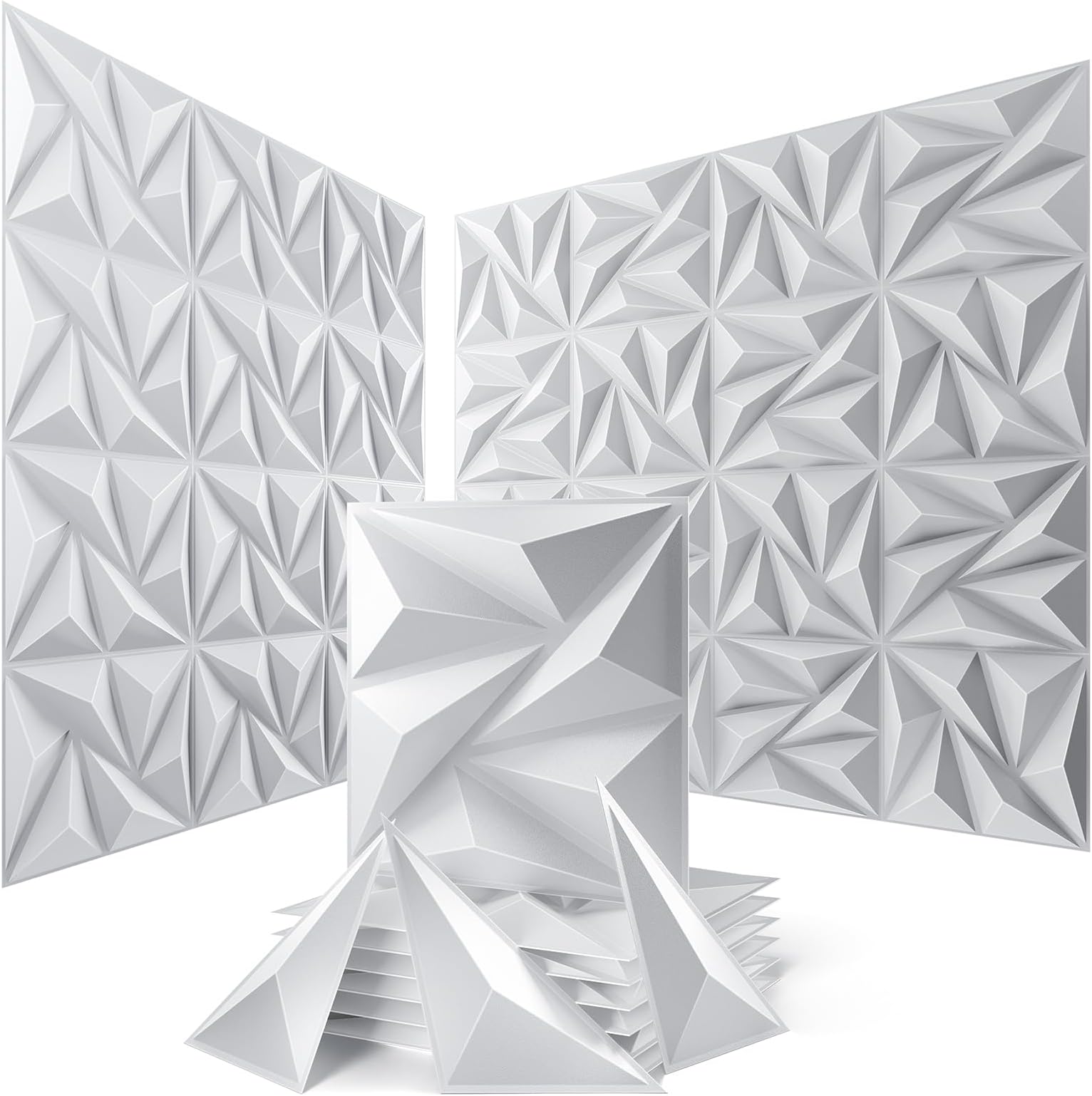 Sonicism Wall Panels Upgrade 16 Pack,0.7”x11.8”x11.8”Pyramid 3D Wall Panels Creative Cutting,PVC Wall Panels for Interior Wall Decor Fire Resistant,Wall Tiles for Various Scenes(Pure White)