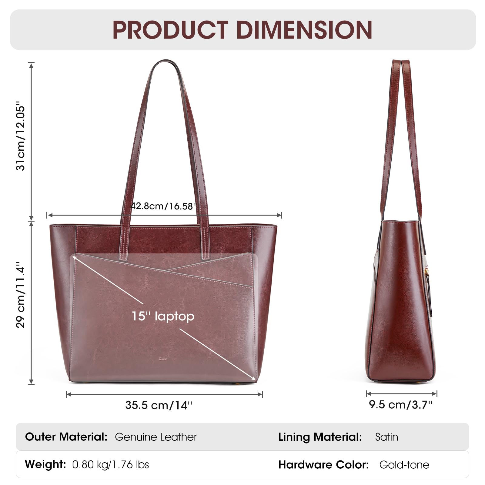 Kattee Bolsas de trabajo para mujer, bolsa grande de cuero con compartimento para laptop, bolsos de viaje