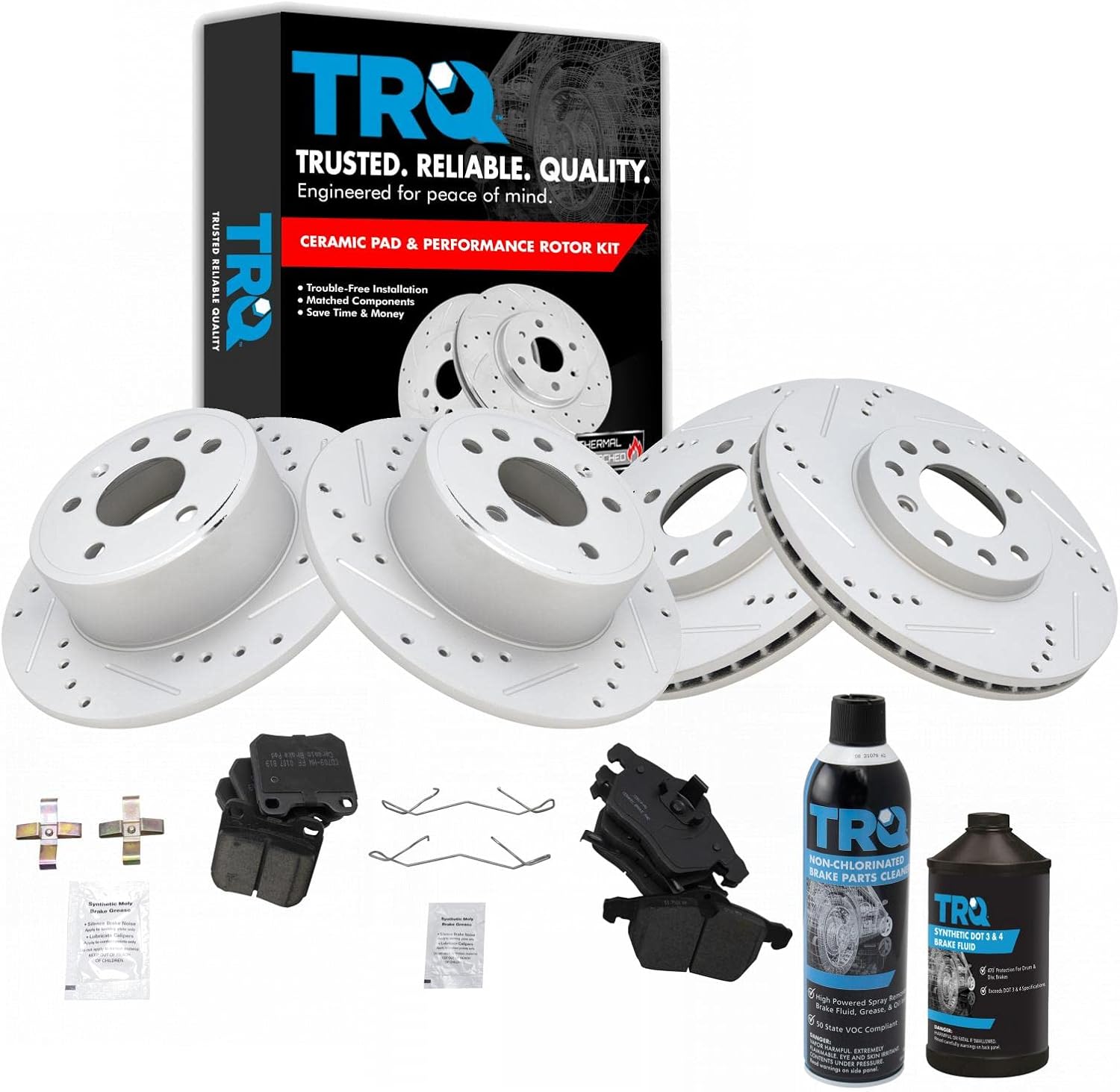 TRQ Brake Rotor Coated &Ceramic Pad Front & Rear Kit w/Chemicals Compatible with 1999-2003 Saab 9-3 2001-2002 Saturn L100 2001-2003 L200 2001-2005 L300 2000 LS LS1 LS2 LW1 LW2 LW200 LW300
