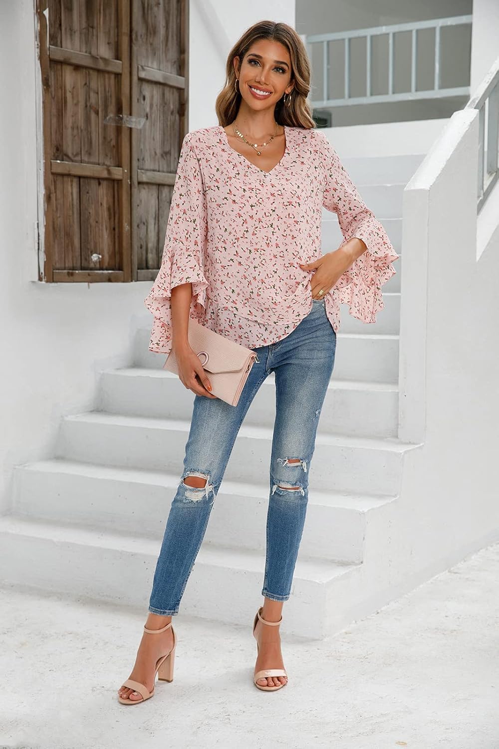 Womens Summer Chiffon Blouses Floral Print V-Neck Bell Sleeve Tops Dressy Casual T-Shirts Fashion - Image 7