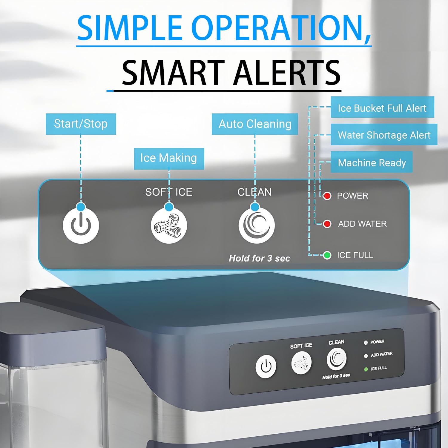 Nugget Ice Maker, Pellet Ice Ready in 5min Portable Ice Maker, Stainless Steels Ice Makers Countertop for Kitchens/Home/Office/Bar,with Detachable 3l Water Tank