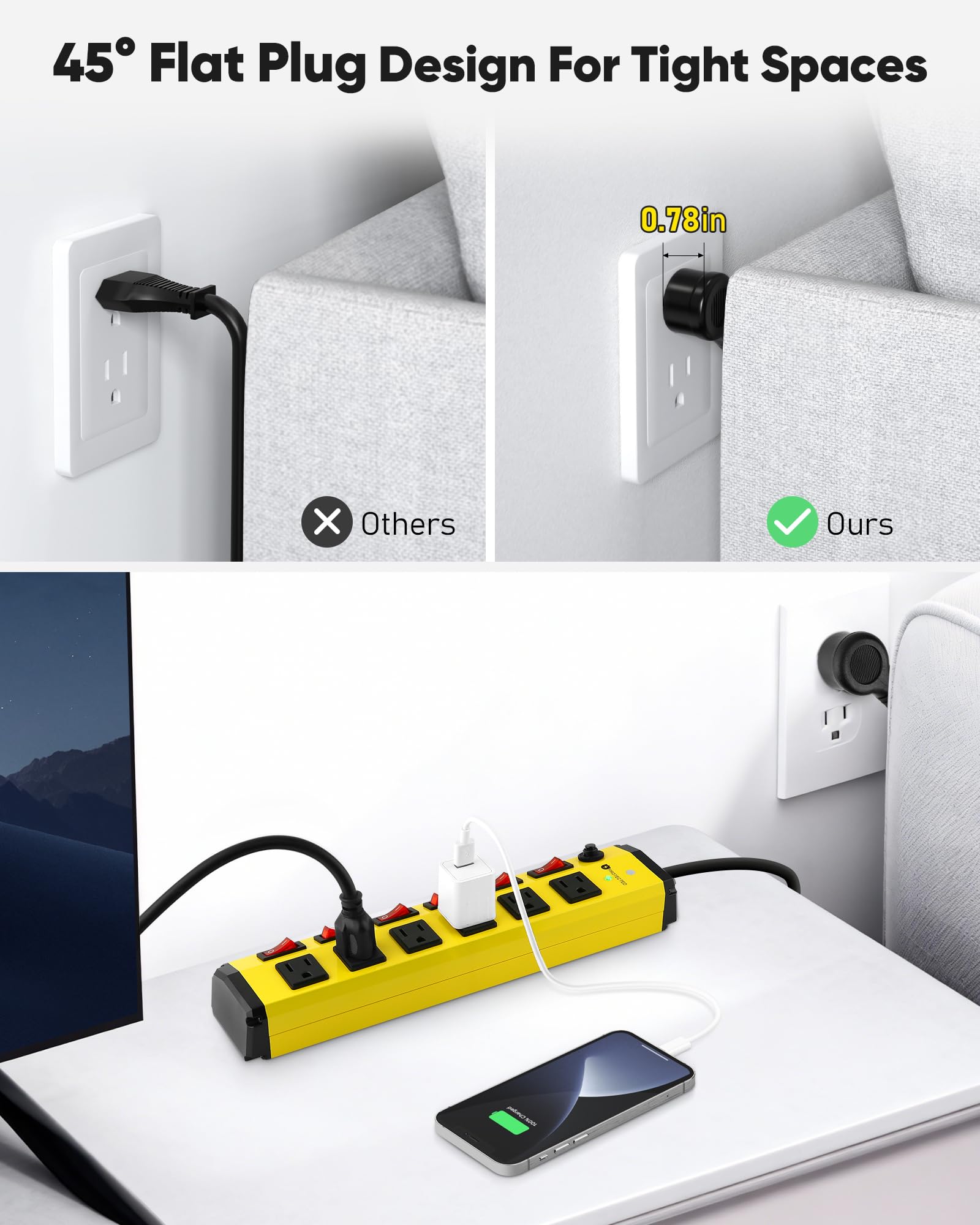 Regleta de alimentación resistente con interruptores individuales, regleta de alimentación de metal de 6 salidas con protector de sobretensiones de 1200 julios, diseño de enchufe plano, 6 pies, cable