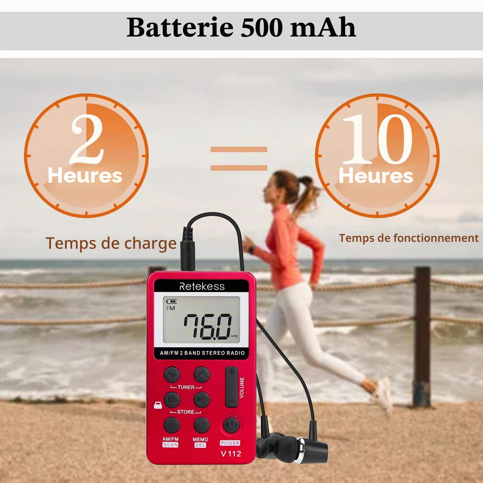 Retekess V112 Mini Radio FM de Poche,Radio Portable,FM AM,Prise Casque,d'Extérieur,Convient pour Course à Pied,de Sport,Randonnée,Le Camping(Rouge)