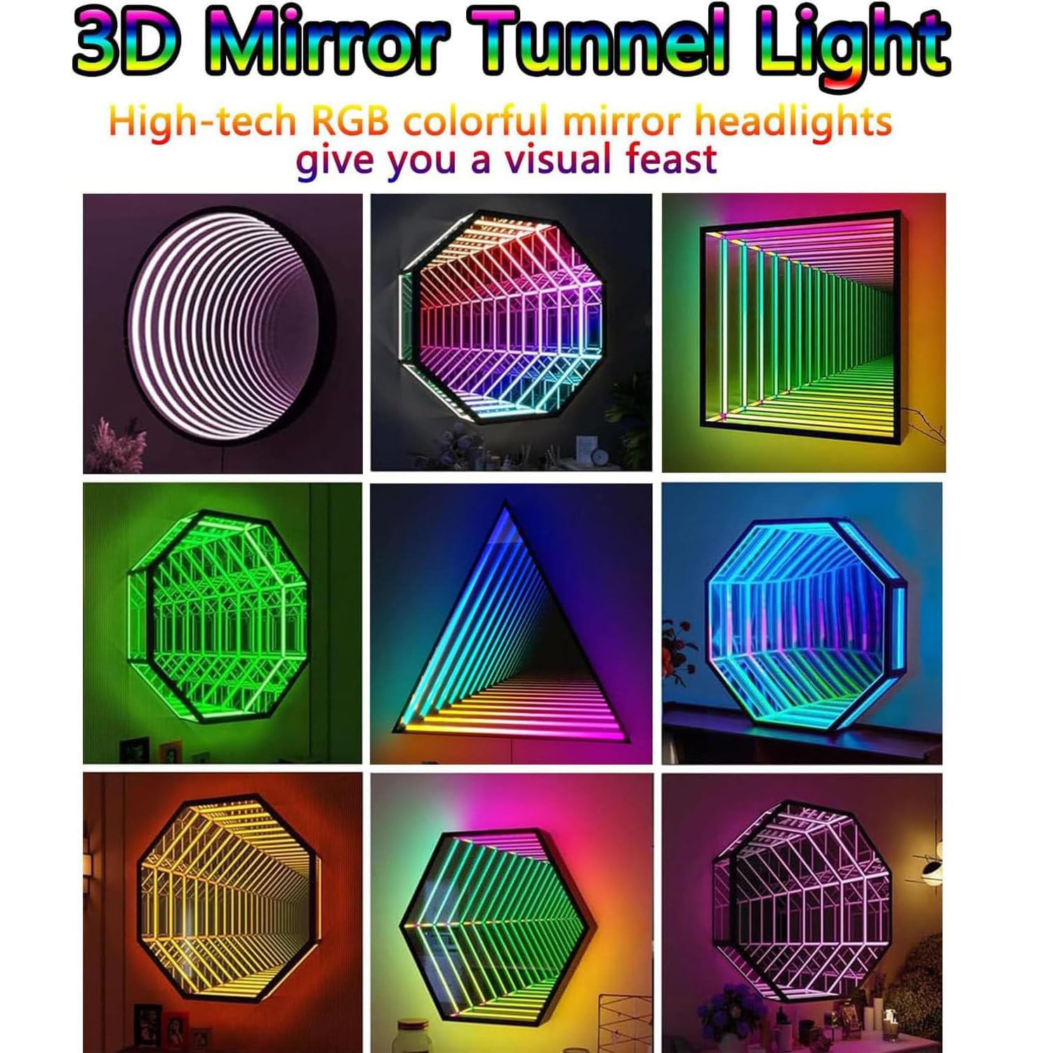 RGB Infinity lustrzana lampa ścienna LED, efekt tunelu 3D z pilotem zdalnego sterowania, wielokolorowa dekoracja do pokoju gier, baru, KTV, na imprezę domową, 5 geometrycznych kształtów, 30 cm