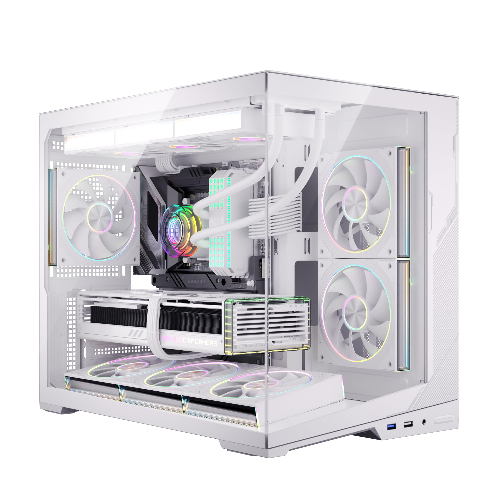 Photo 1 of ESGAMING M-ATX Mini Tower PC Case 360MM RAD Support, 8° Slanted Base, 270° Full View Tempered Glass Gaming PC Case - Zero White Without Fan