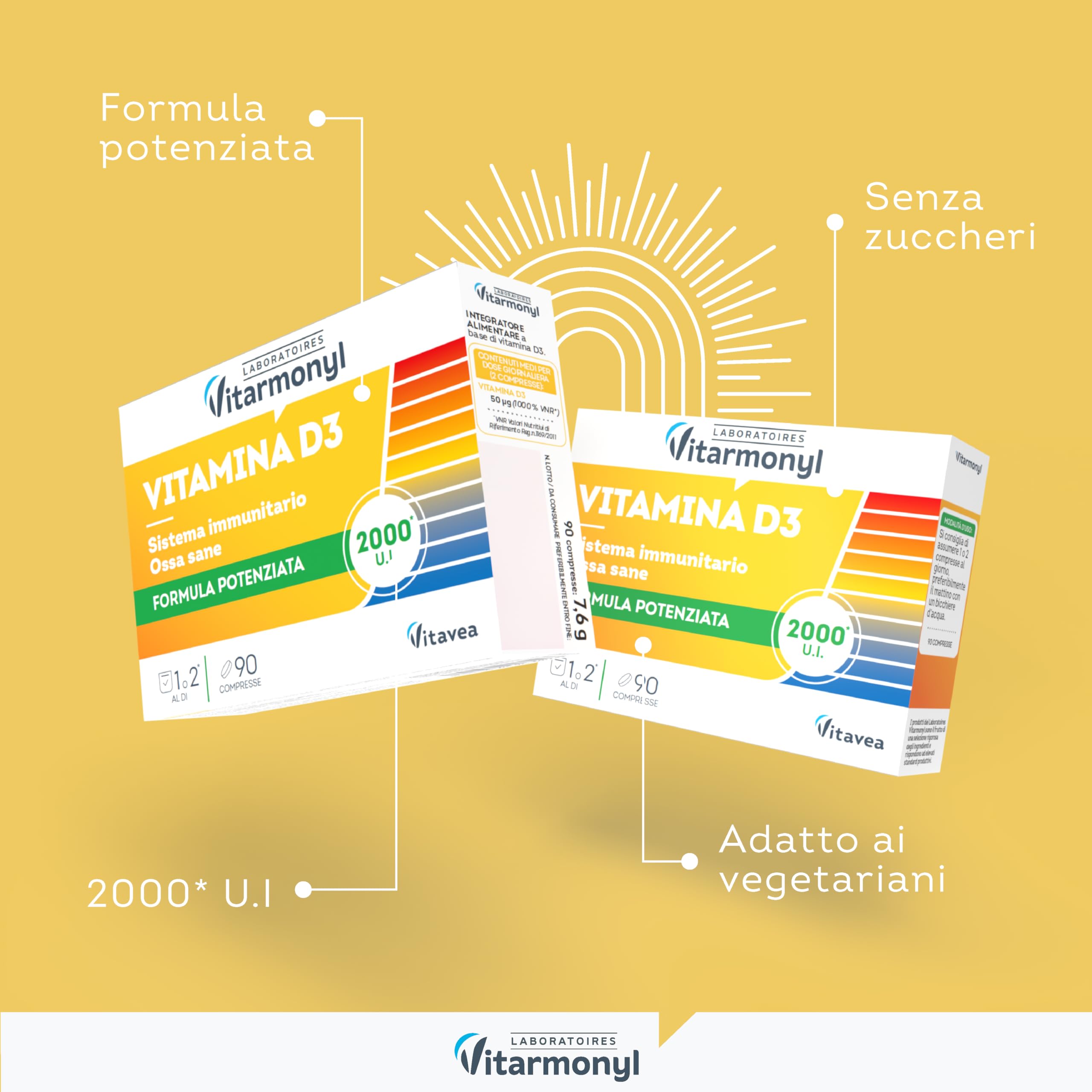 Vitamina D3 - Formula Potenziata 2000 UI - Integratore Difese Immunitarie - Assorbimento Calcio e Fosforo, Salute Ossa, Denti e Muscoli - Sistema Immunitario - 90 Compresse - Vitarmonyl