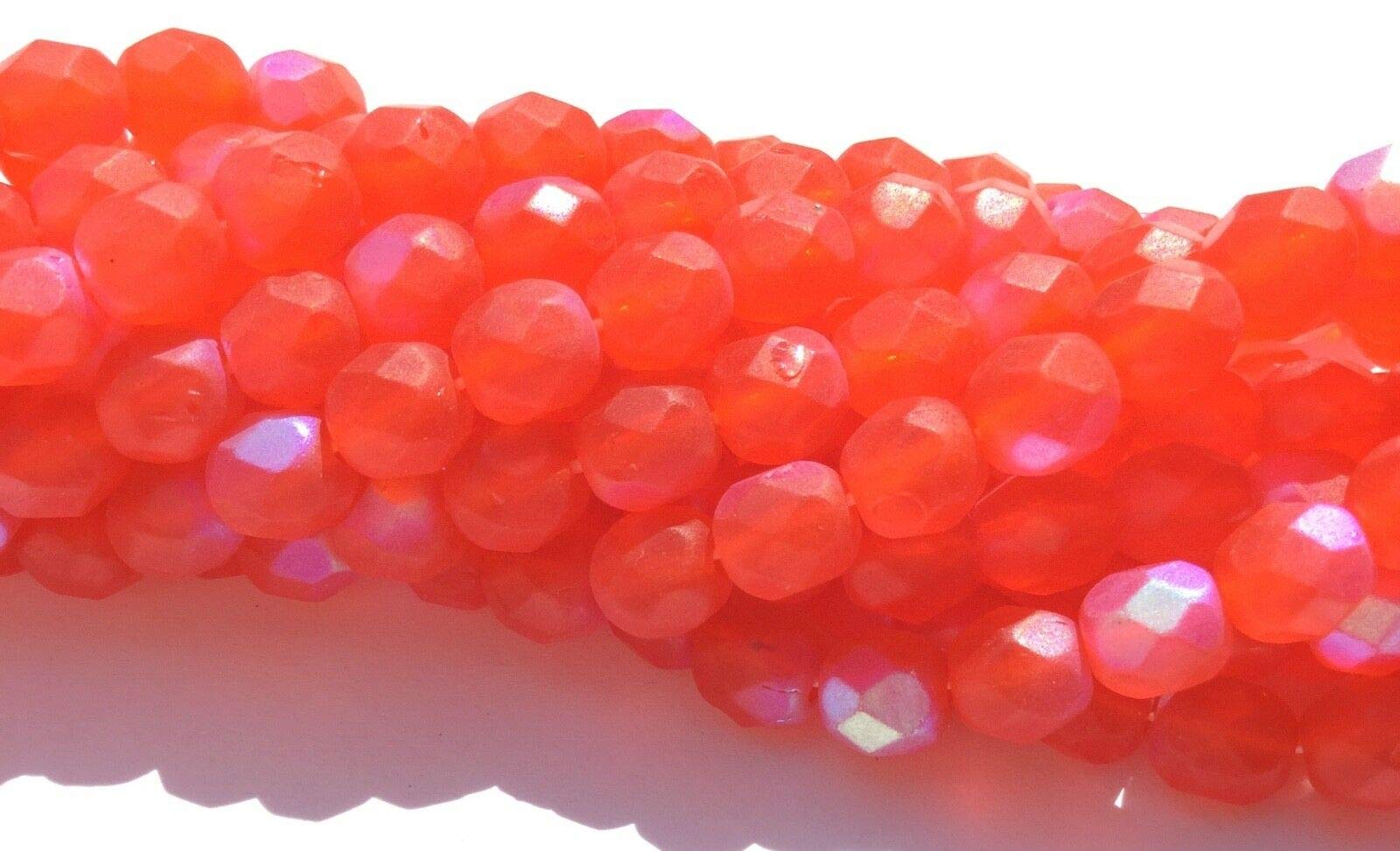 Fine Trade Czech Firepolish Matte Reddish Orange w/AB 25 Bead Strand