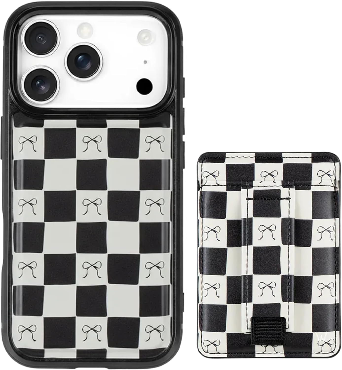 Walli Bundle for iPhone 17 Pro – Aesthetic Magnetic Phone Case + Compatible Magnetic Wallet with Card Holder, Kickstand & Finger Strap - Bow Noir