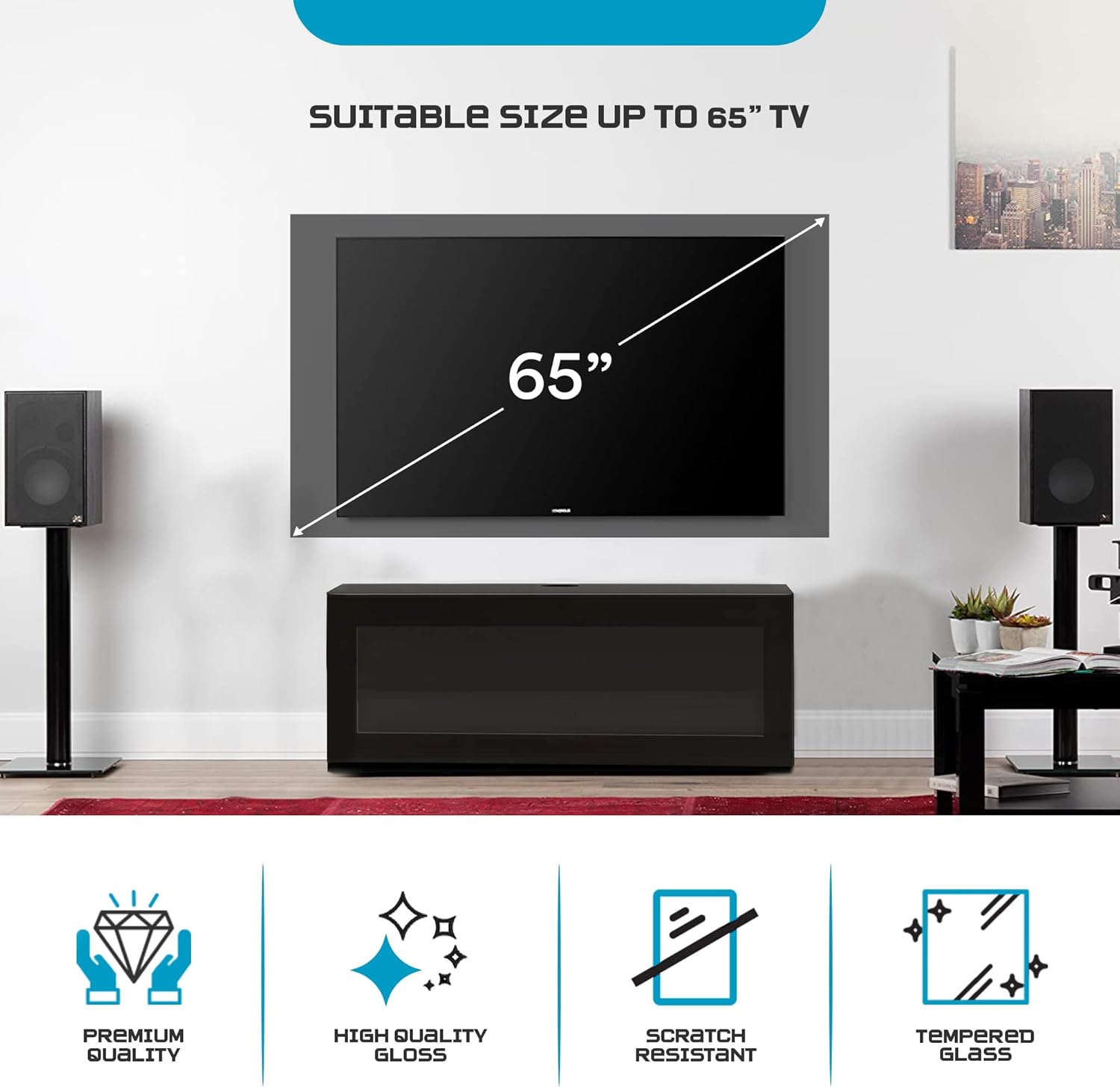 SONOROUS ST-110 Premium TV Stand with Black Wood & Black Glass Cover – Modern Entertainment Center & Media Console for Living Room – TV Cabinet up to 65 Inch with Hidden Wheels – Sleek Storage Design