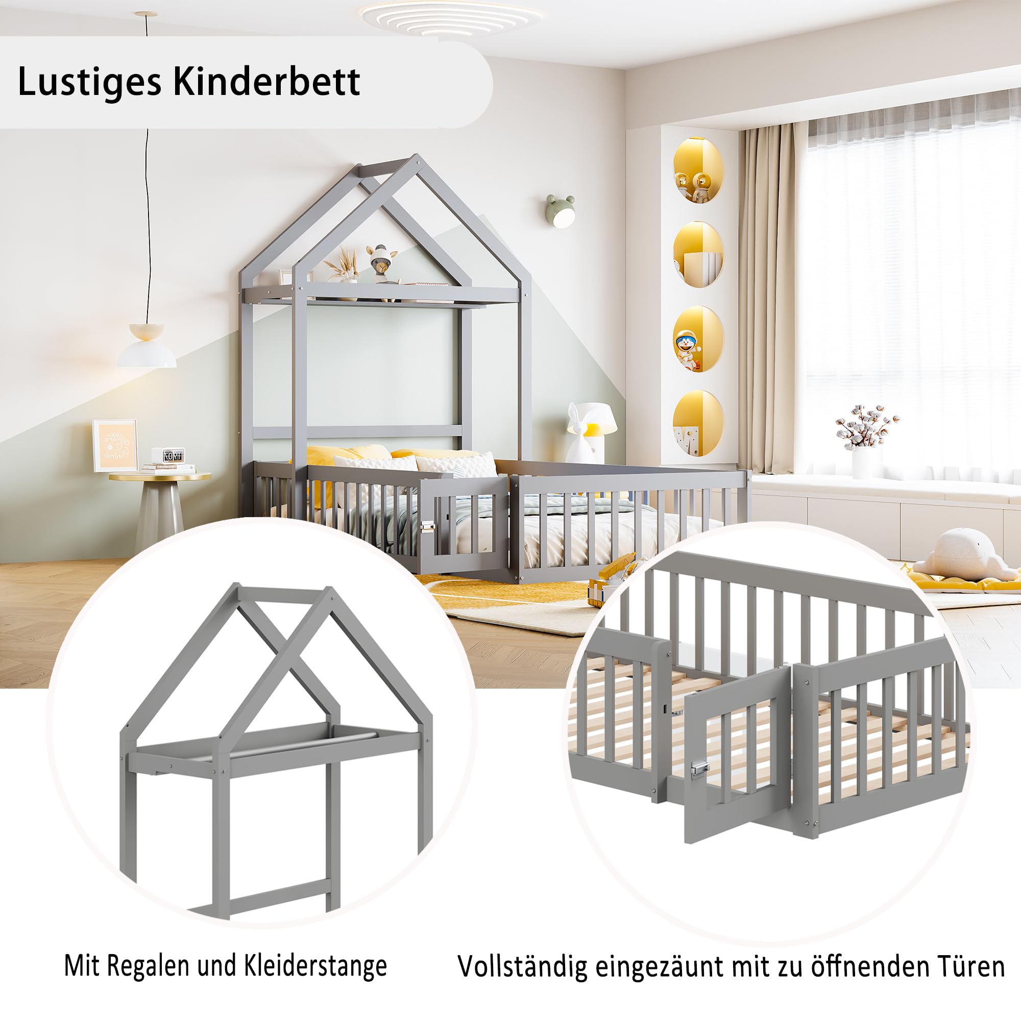 Merax Kinderbett 90x200 cm, Bodenbett mit Rausfallschutz, Hausbett mit Stauraum und Lattenrost, für Jungen & Mädchen, Grau (Ohne Matratze)