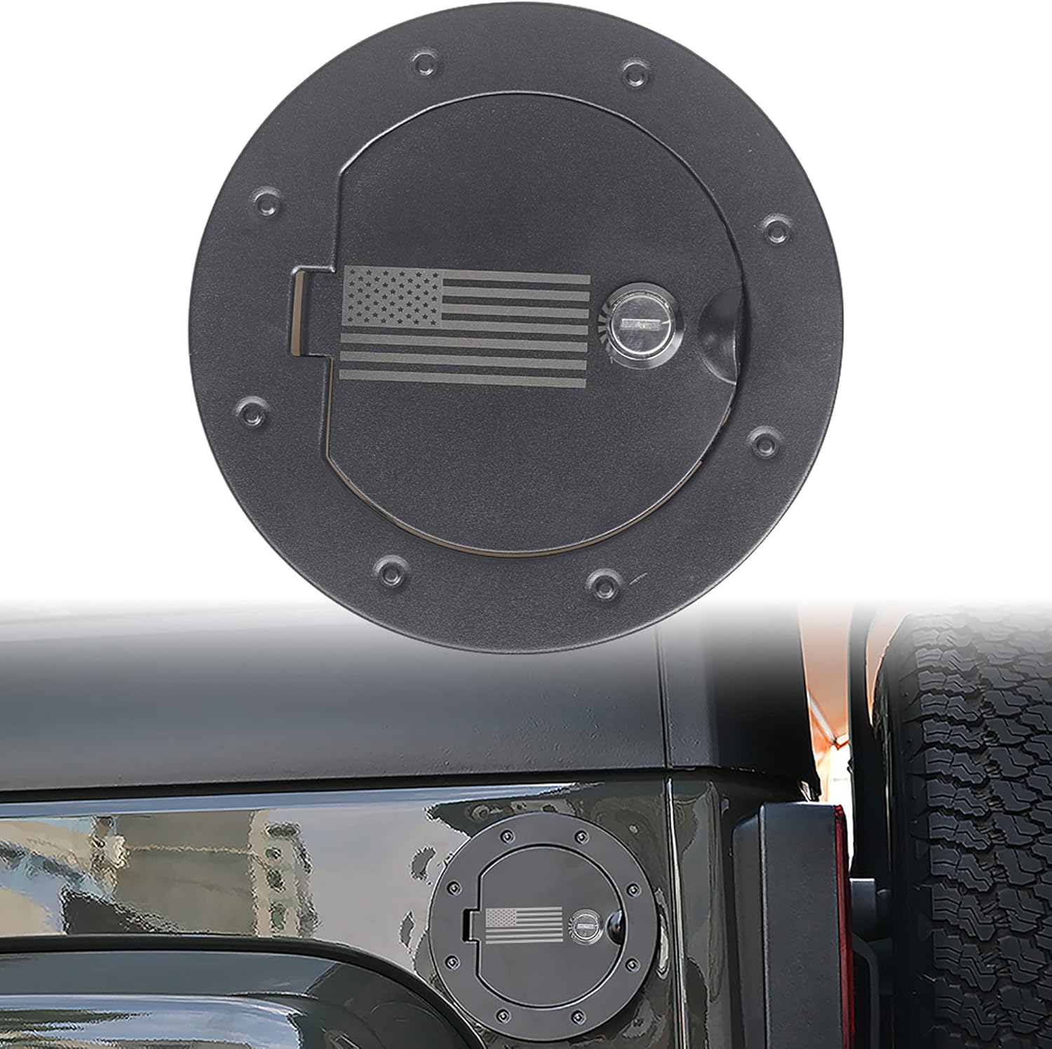 JK Gas Cap Cover For Jeep, Locking Fuel Filler Door Gas Tank Cover for 2007-2018 Jeep Wrangler JK JKU Accessories, Compatible with 5th Wheel Toy Hauler Gas Caps, Aluminum, USA FLAG, 1 Pack