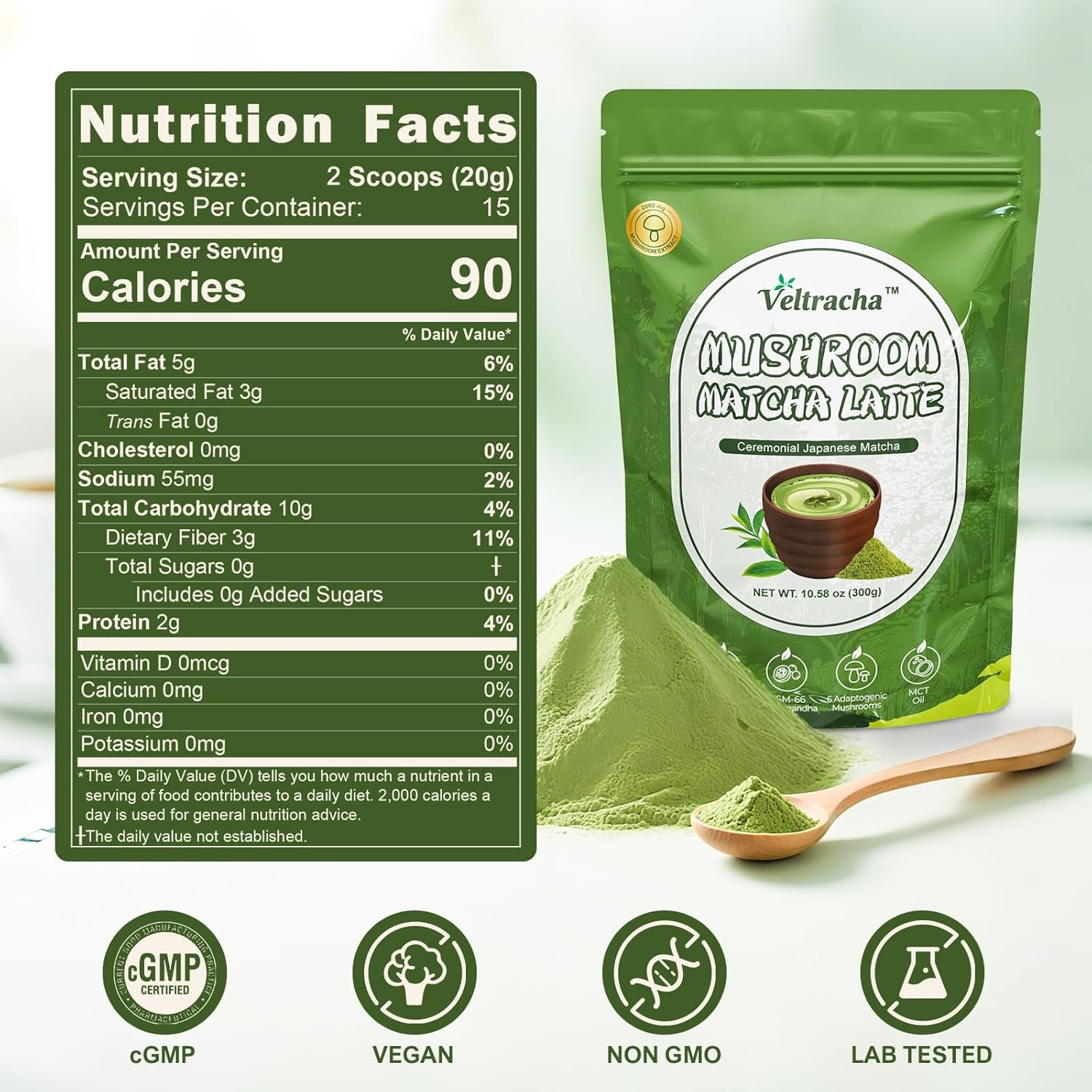 Veltracha Spirulina Mushroom Matcha, Japanese Ceremonial Grade Matcha with Ashwagandha, Adaptogenic Mushrooms Matcha Powder for Focus, Energy, Gut Health & Immunity, 10.58oz