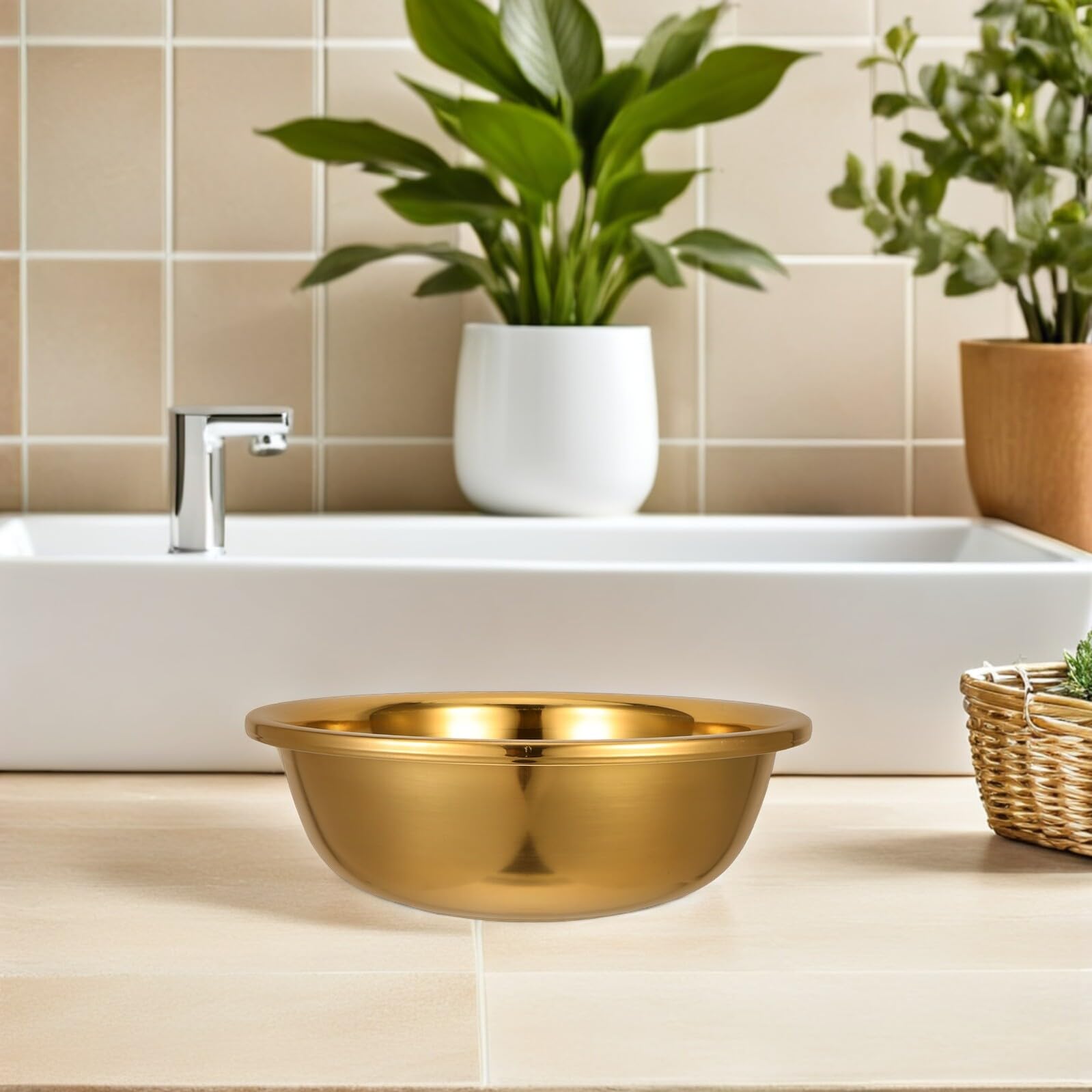VICASKY Bacinella in Acciaio Inossidabile Oro Spessa Grande Fondo Piatto Antiscivolo Lavabo per Verdure da Cucina Stili multipli