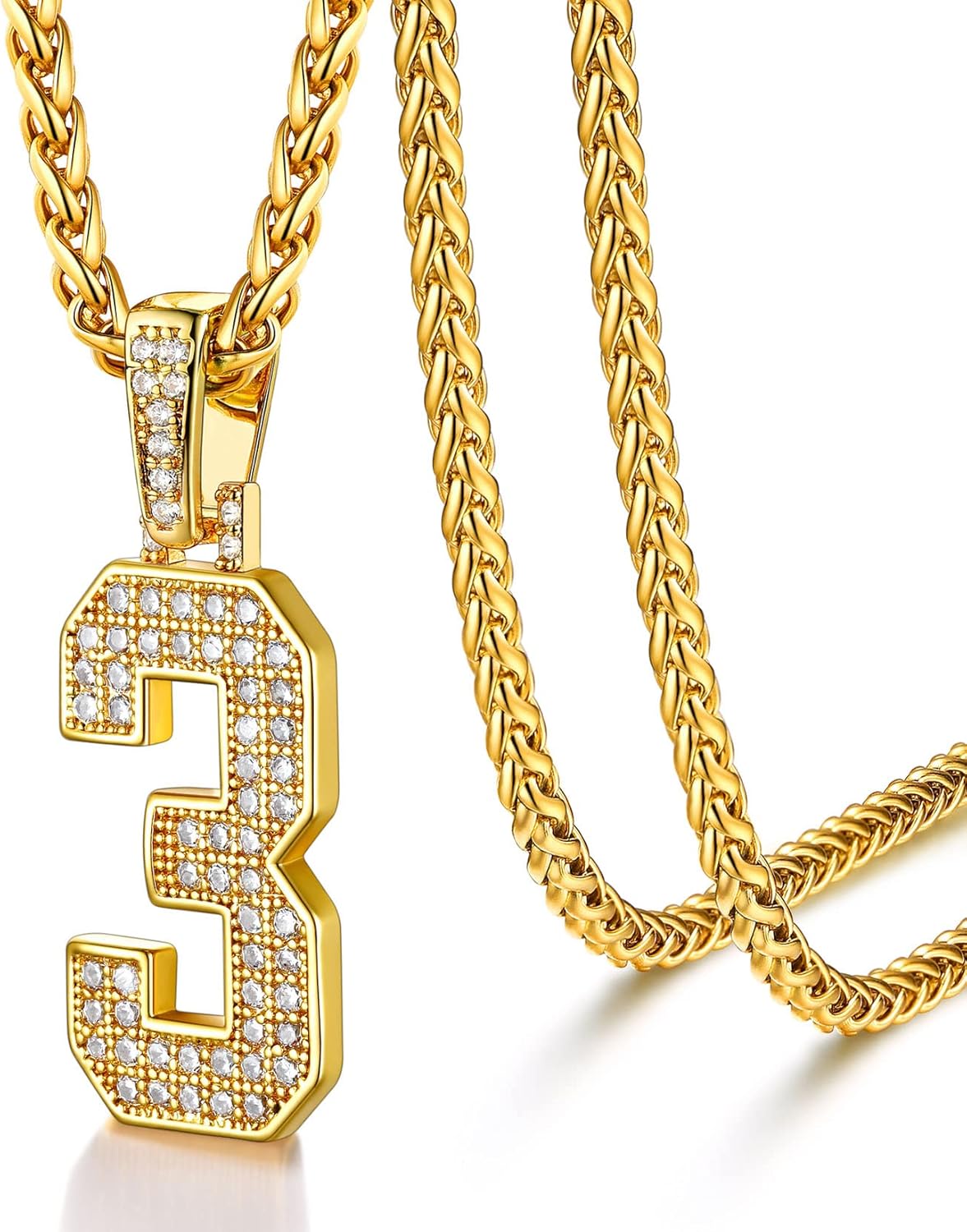 U7 Gold Initial Number Necklace for Men Women, 18K Gold/Silver Plated Diamond CZ Letter Pendant Necklace Big A-Z 0-9 Hip Hop Jersey, Customerized Letter Wheat Chain 22 Inch for Athletes Rappers