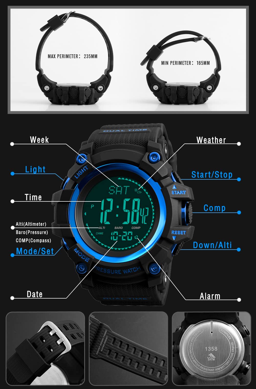 Homme Outdoor Militaires Sport Digital LED Plastique Montres Bracelet et Caoutchouc Ruban Multifonctionnel Boussole Podomètre Altimètre Baromètre Thermomètre