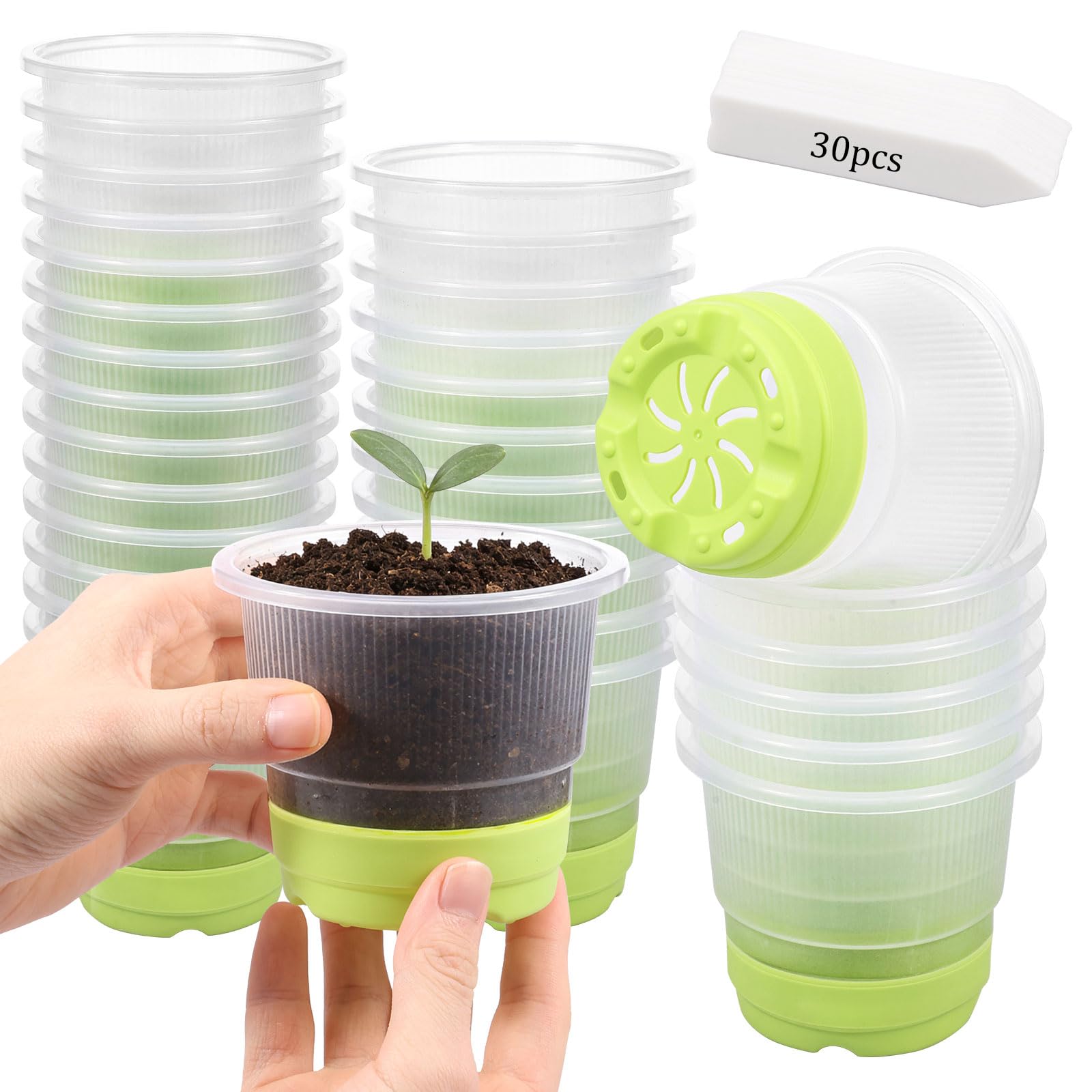 HZUIZXYO 30Pcs Seedling Start Pots,Clear Nursery Pots with Silicone Base 4Inch Reusable Round Plastic Plant Pot with Drain Holes Labels for Flower Plant Seedlings Transplanting(Light Green)