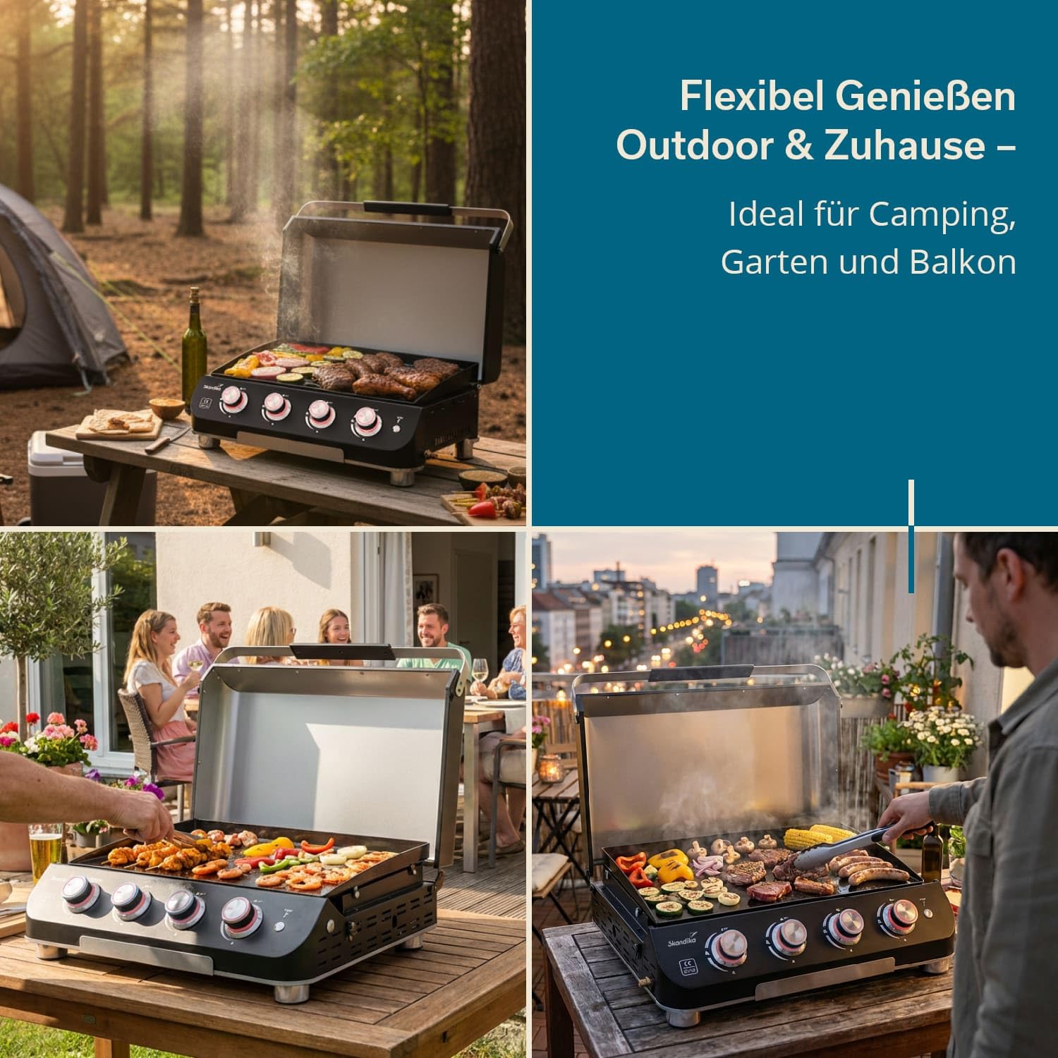Skandika Plancha à gaz Palo | Plaque de cuisson à 3 ou 4 brûleurs, égouttoir, barbecue à gaz transportable avec plaque plancha | Camping, bbq de table, jardin (4 brûleurs avec couvercle)